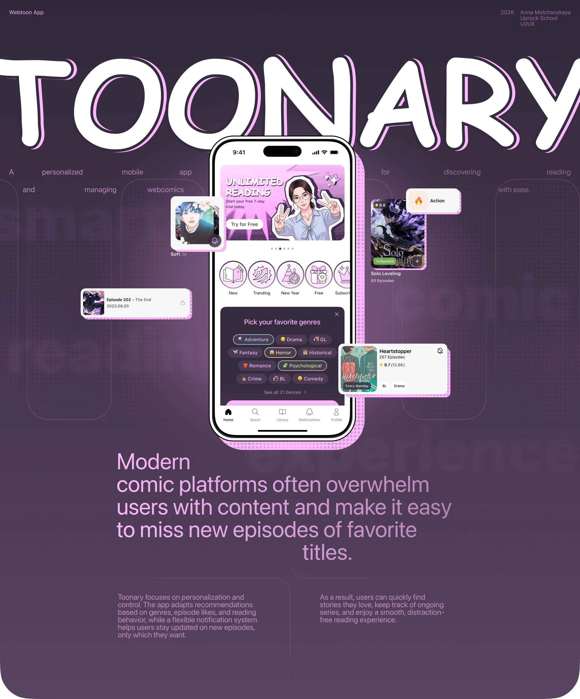 Toonary | Mobile App | UX/UI Case — Изображение №1 — Интерфейсы, Брендинг на Dprofile