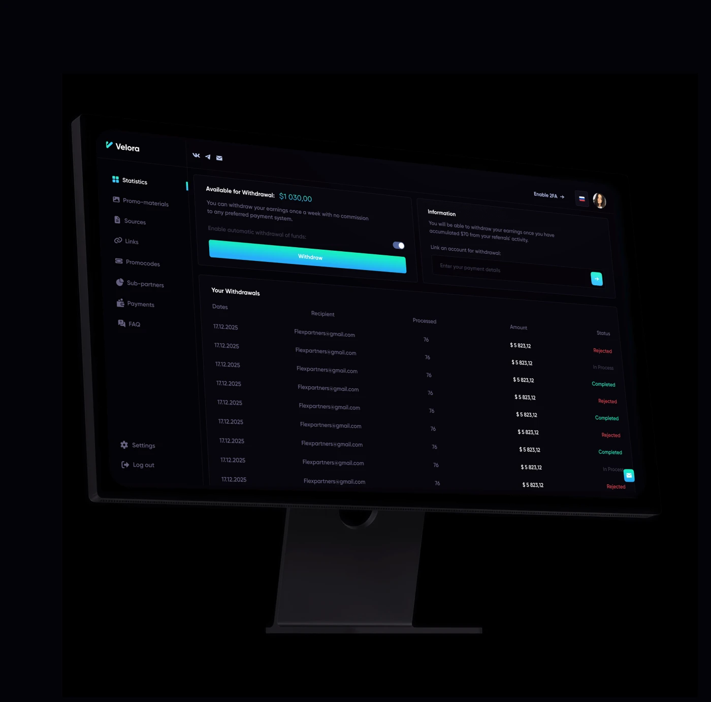 Velora – Affiliate Program & UX UI Dashboard Design — Изображение №9 — Интерфейсы, Брендинг на Dprofile
