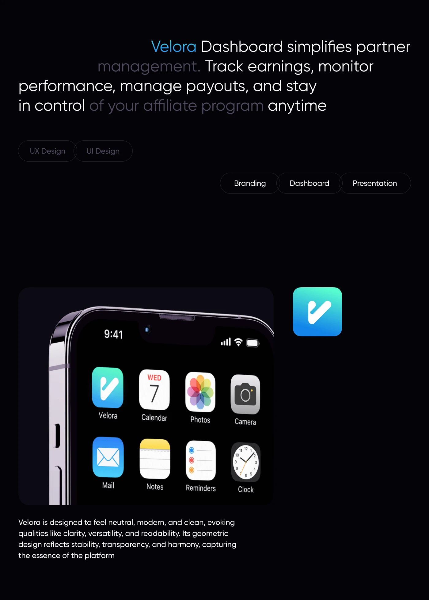 Velora – Affiliate Program & UX UI Dashboard Design — Изображение №2 — Интерфейсы, Брендинг на Dprofile