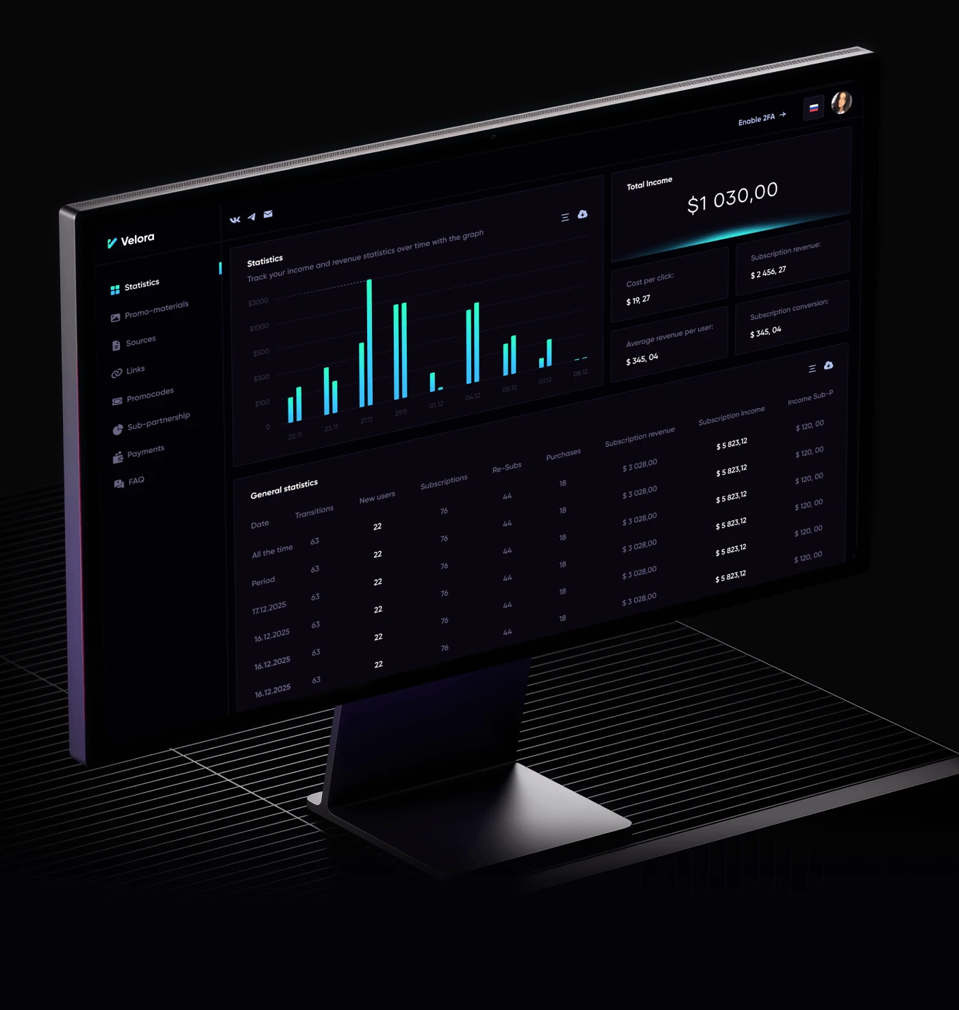Velora – Affiliate Program & UX UI Dashboard Design — Изображение №1 — Интерфейсы, Брендинг на Dprofile