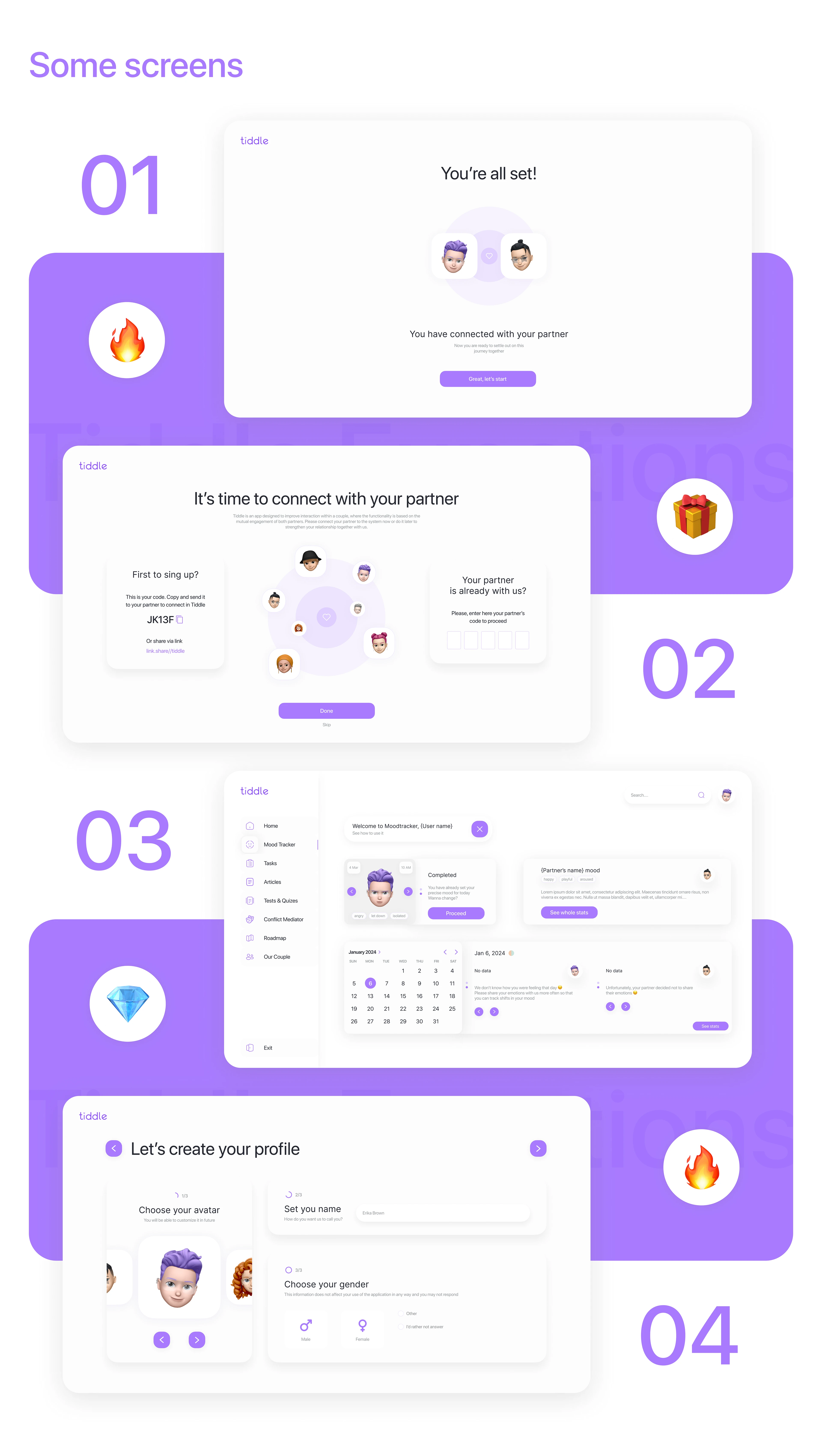 Tiddle — Relationship & Emotional Wellbeing App — Изображение №15 — Интерфейсы, Брендинг на Dprofile