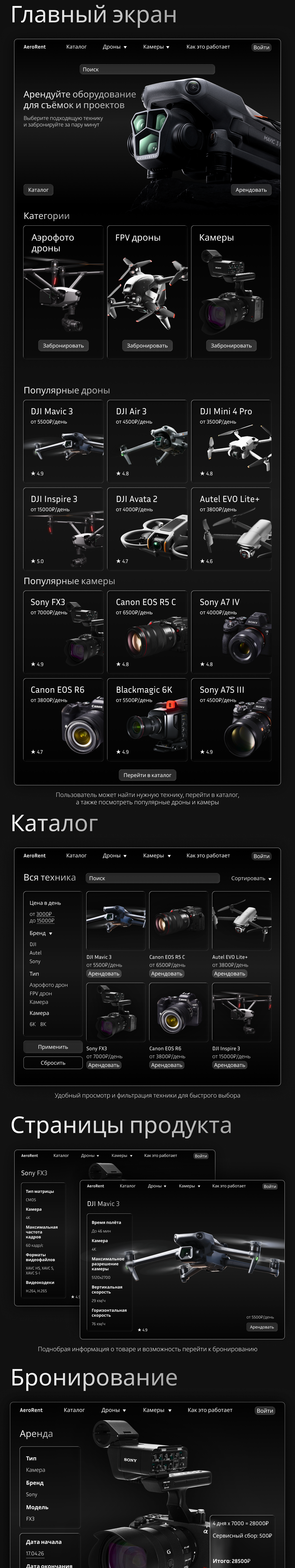 AeroRent — платформа аренды дронов и камер — Изображение №2 — Интерфейсы, Брендинг на Dprofile