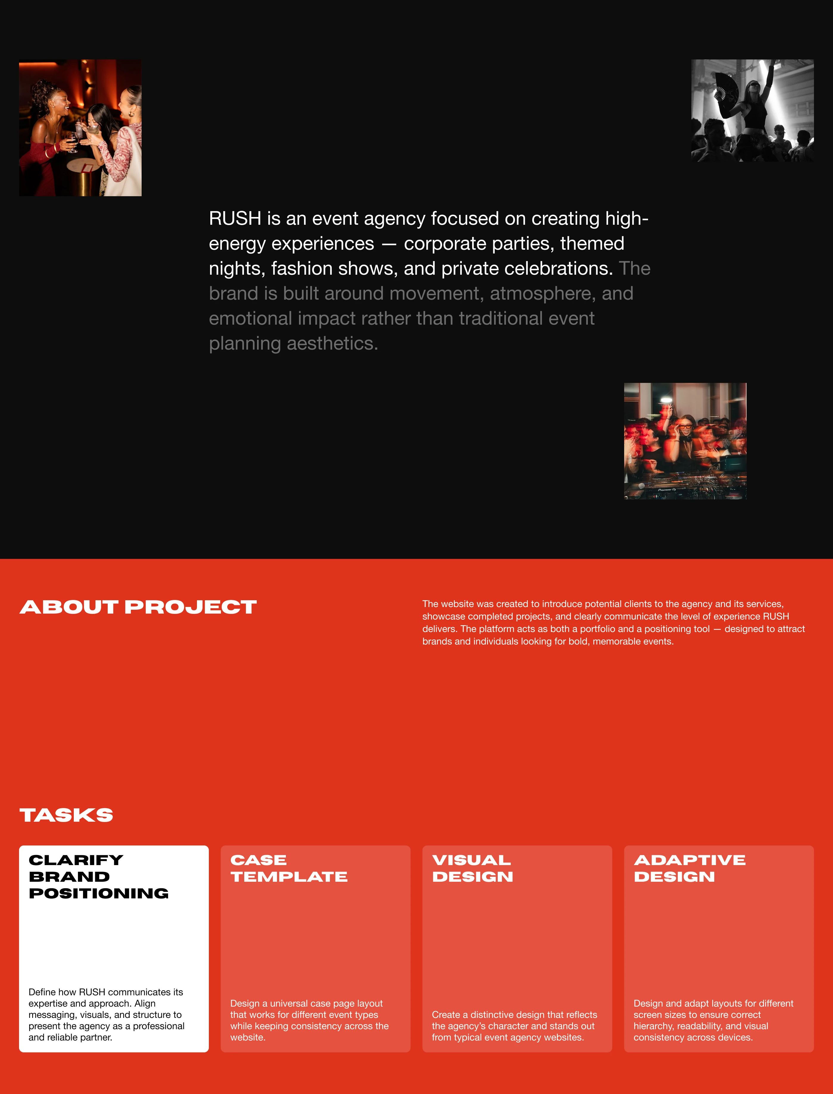 RUSH | Website Design for event agency — Изображение №2 — Интерфейсы, Анимация на Dprofile