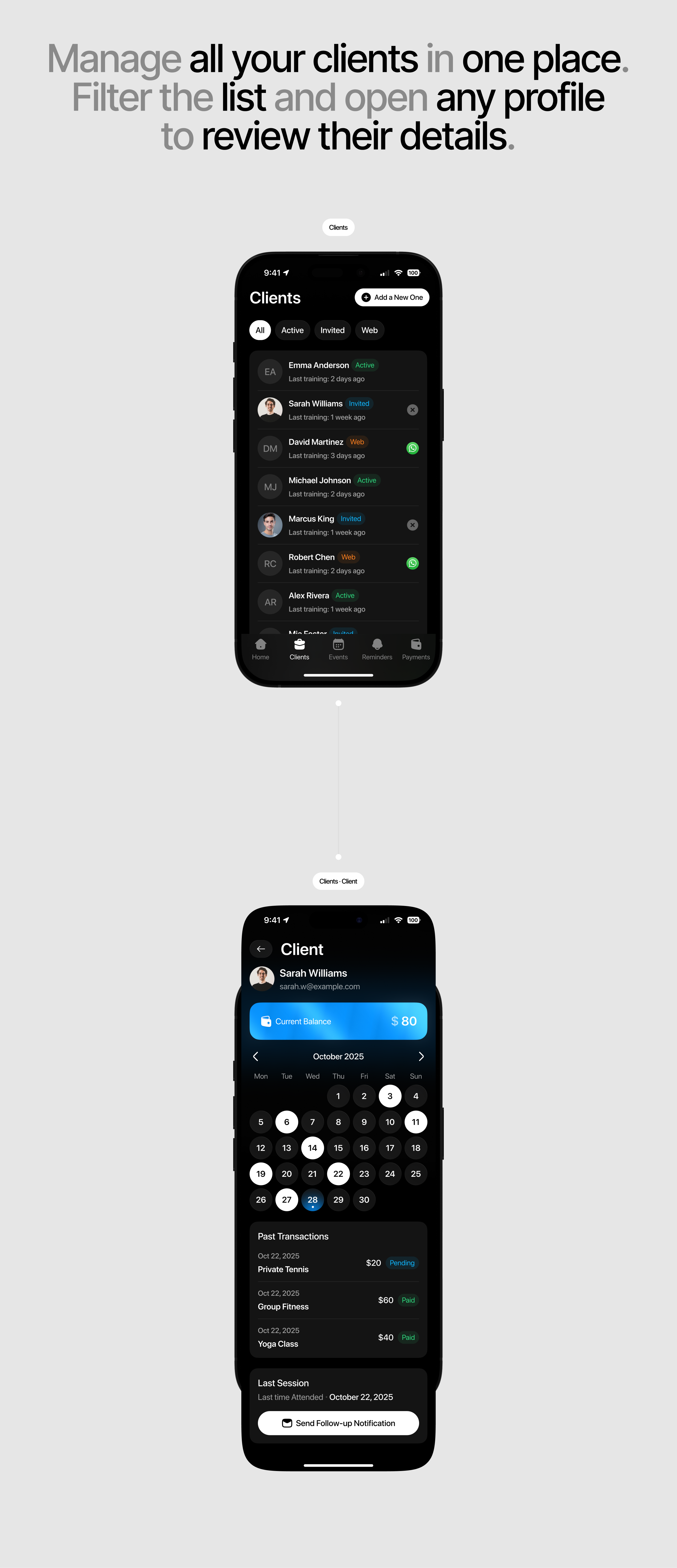 Fitness Coach Management — Mobile App & UI/UX Design — Изображение №13 — Интерфейсы на Dprofile