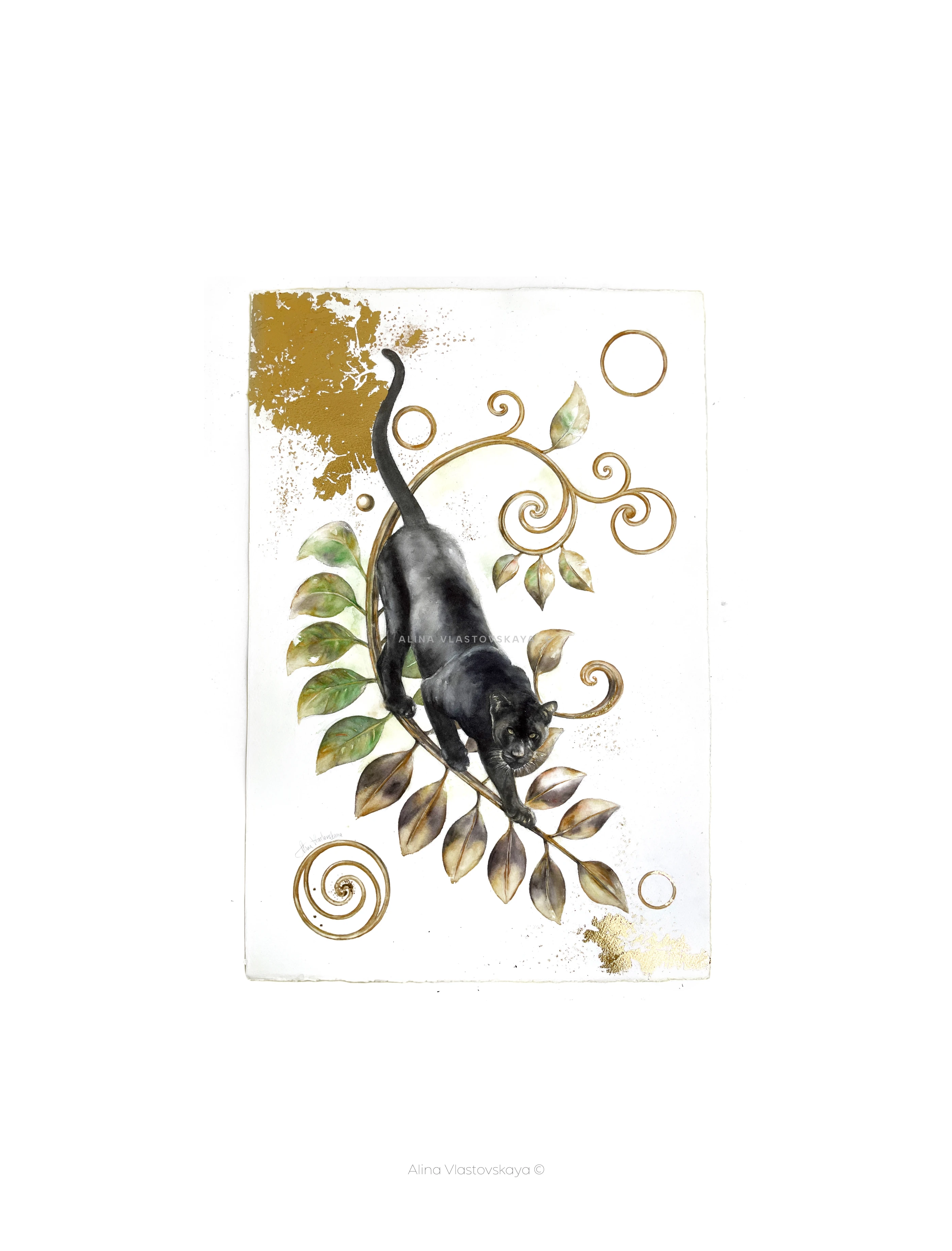 PANTHER IN GOLDEN FORMS conceptual art, watercolor — Изображение №1 — Иллюстрация на Dprofile
