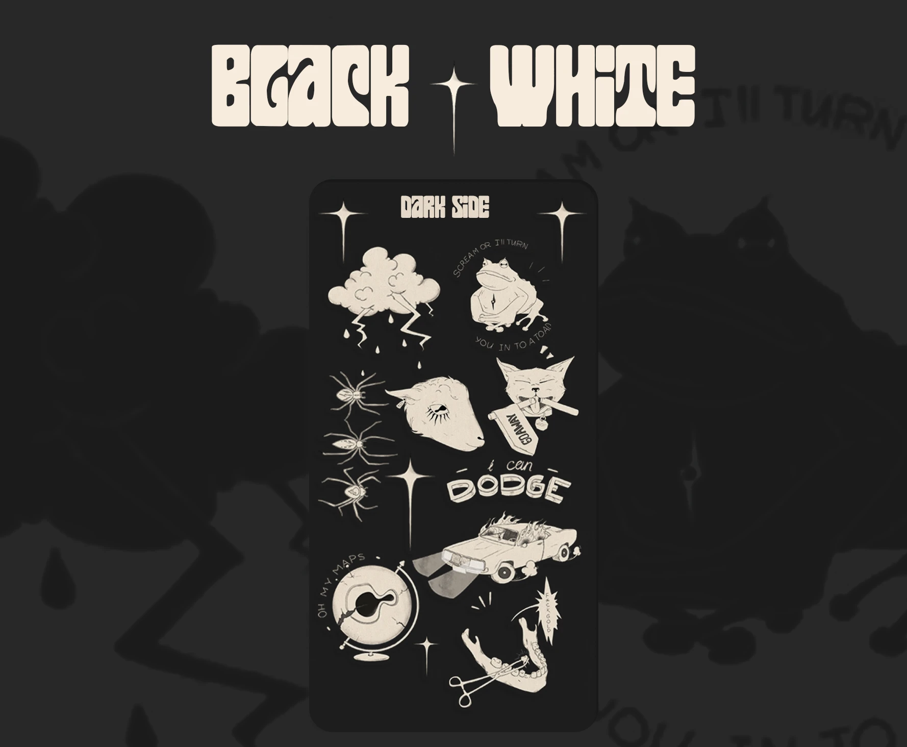 DARK SIDE |BW STICKER PACK | INKTOBER'23 — Изображение №1 — Брендинг, Иллюстрация на Dprofile