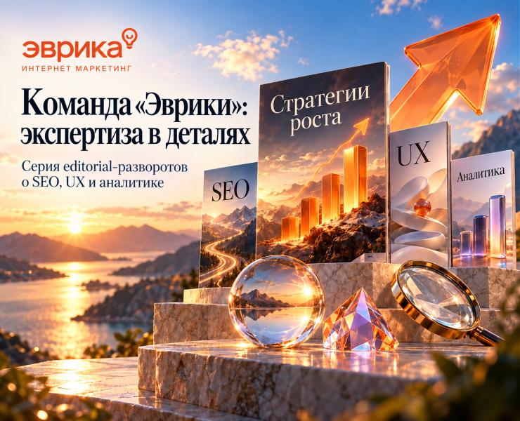 Серия editorial-разворотов Эврики о стратегии, аналитике, дизайне и продвижении. — Интерфейсы, 3D на Dprofile