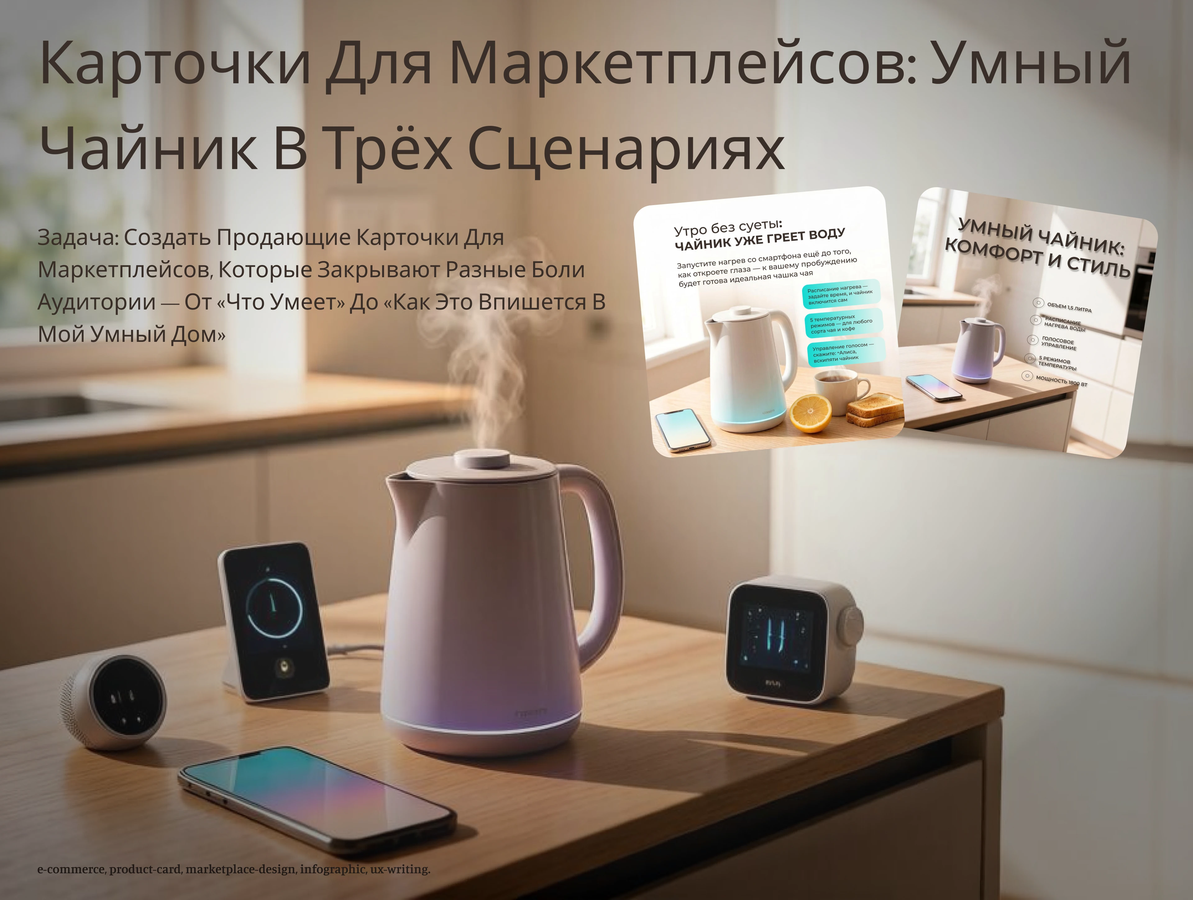 Умный чайник. Серия карточек для маркетплейсов. — Изображение №1 — Графика на Dprofile