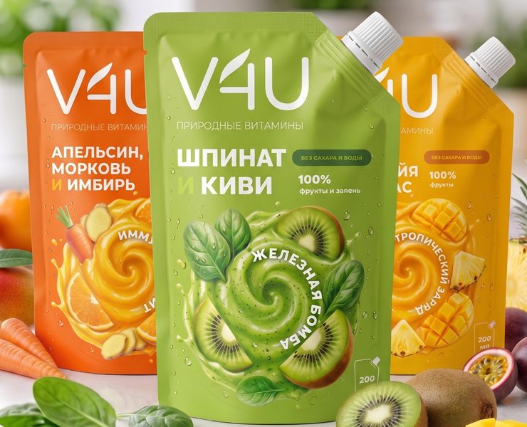 Редизайн айдентики и упаковка для смузи V4U (Vitamins for you) — Брендинг на Dprofile