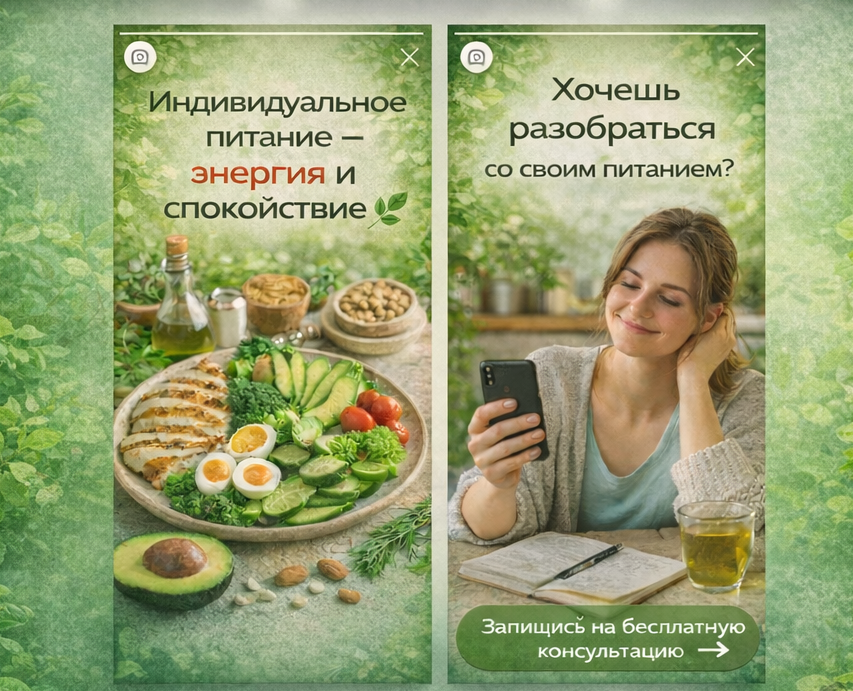 Сторис для нутрициолога с конверсией в запись — Брендинг, Иллюстрация на Dprofile