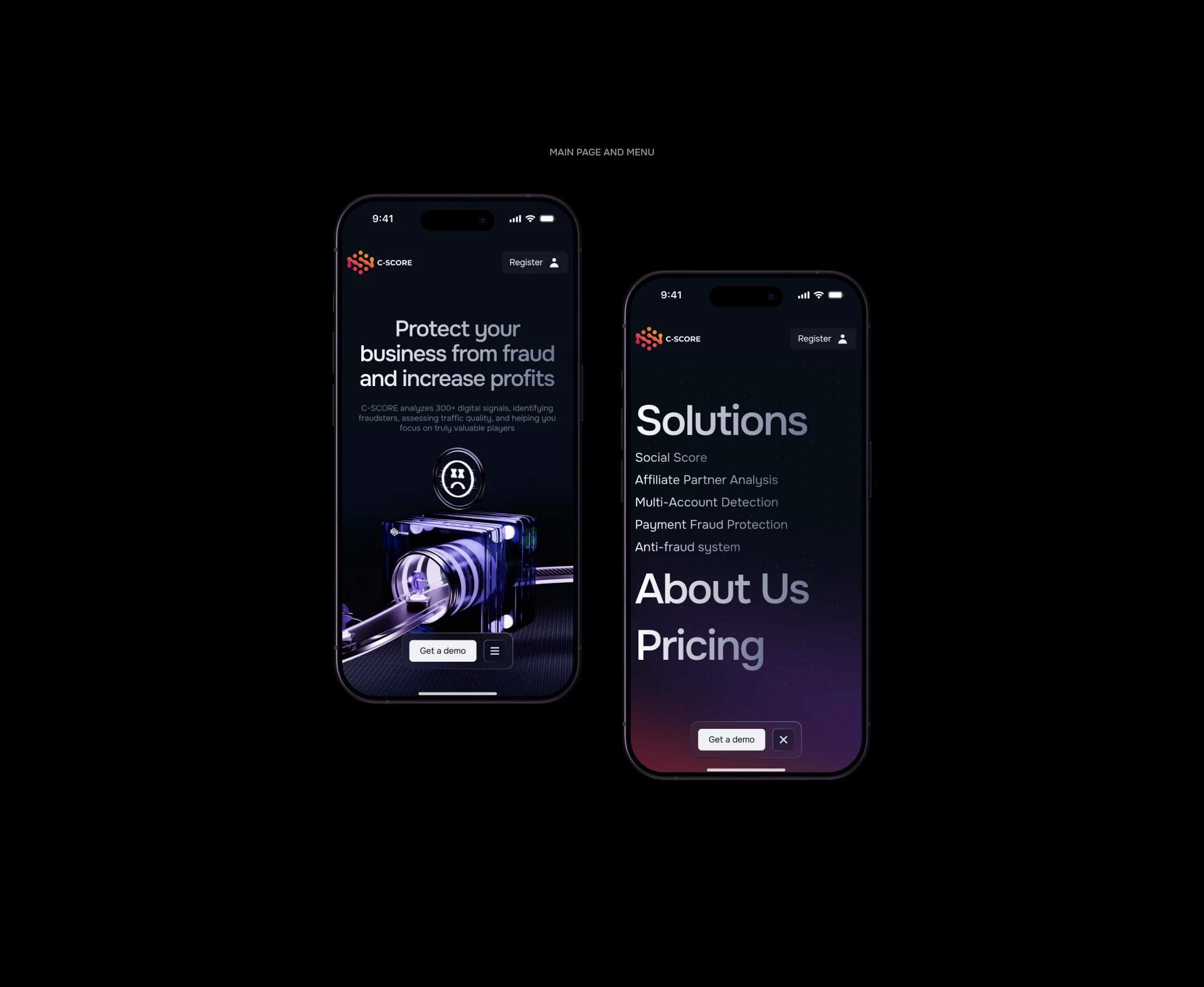C-SCORE — дизайн сайта для AI anti-fraud платформы для iGam… — Изображение №1 — Интерфейсы, Анимация на Dprofile