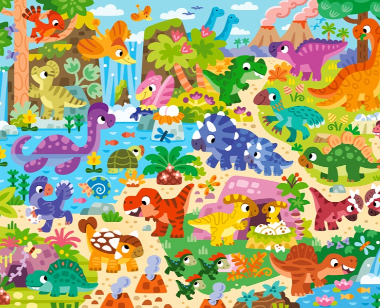 Динозавры. Пазл и настольная детская игра. Виммельбух — Иллюстрация, Графика на Dprofile