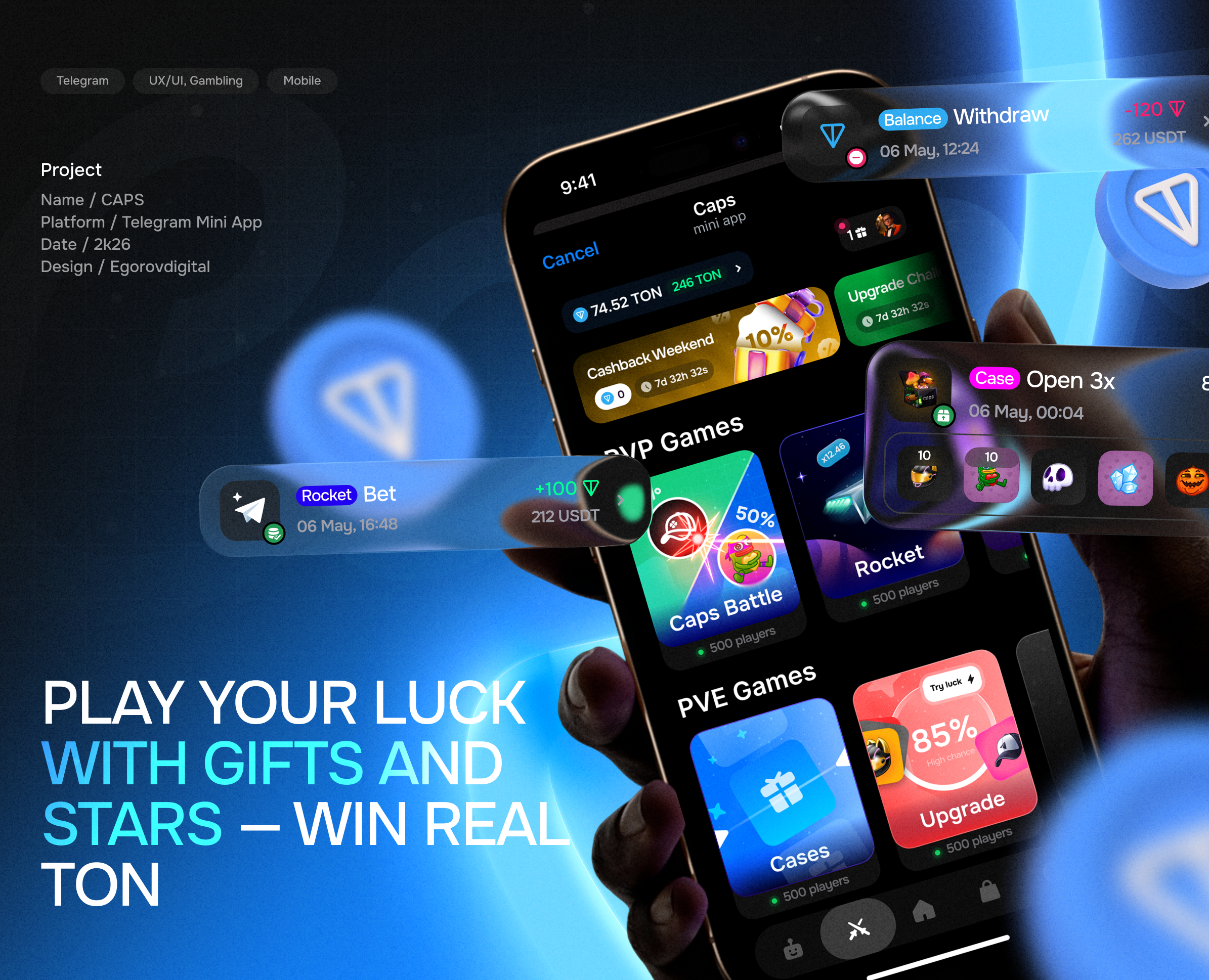 CAPS gambling Telegram mini-app — Интерфейсы на Dprofile