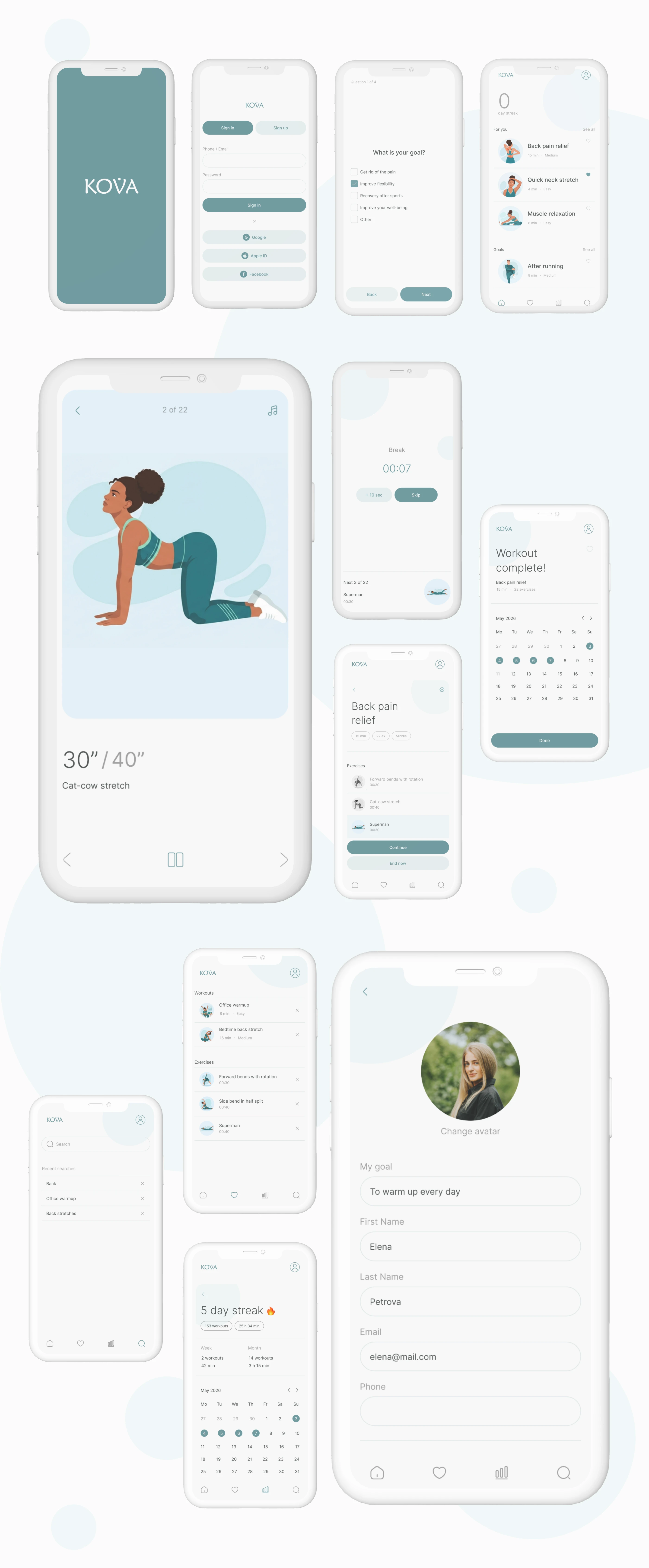 KOVA — приложение для растяжки и повышения подвижности | UX/UI case study — Изображение №13 — Интерфейсы на Dprofile
