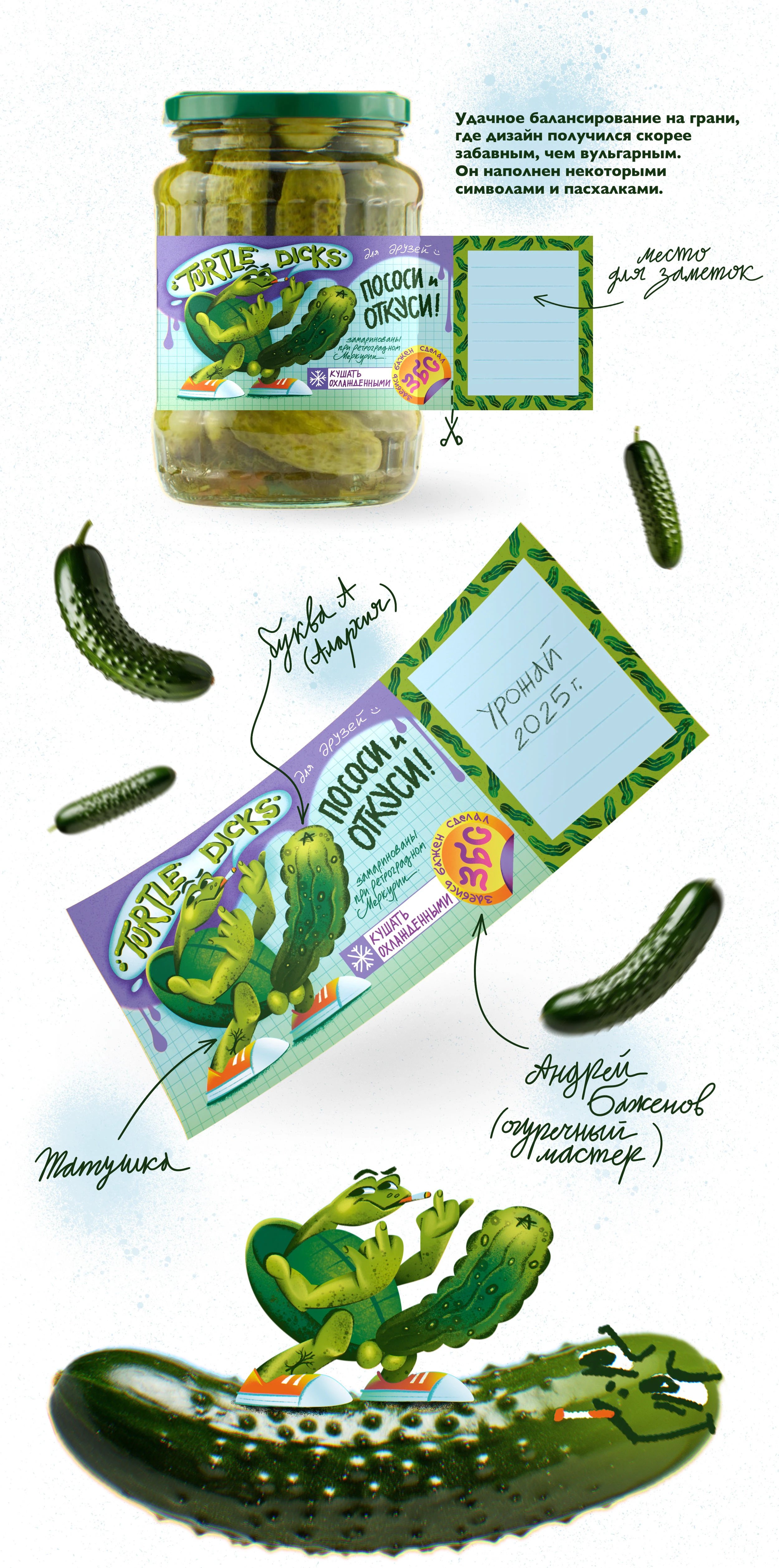 ДИЗАЙН ЭТИКЕТКИ для маринованных огурцов «Turtle Dicks» — Изображение №8 — Брендинг, Иллюстрация на Dprofile