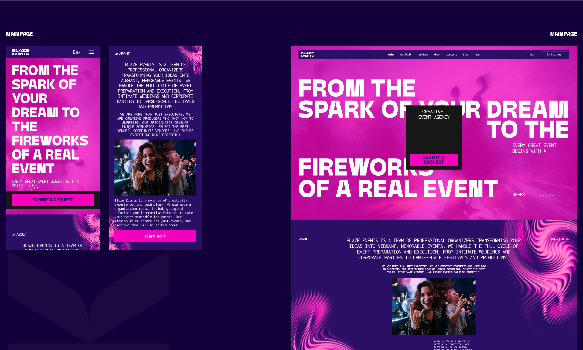 Blaze Events | Ивент агентство | UI/UX дизайн — Изображение №3 — Интерфейсы, Анимация на Dprofile