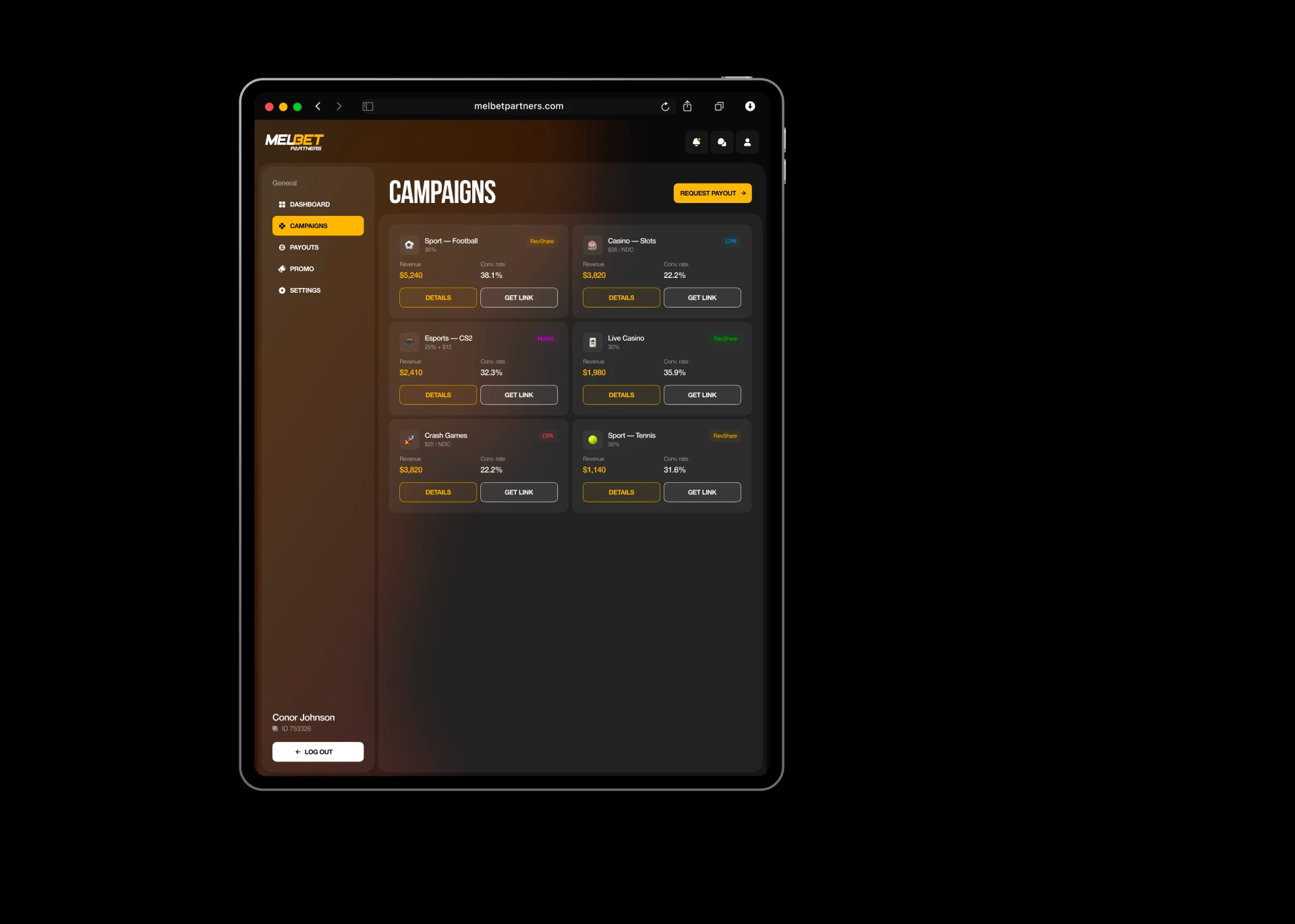 MelBet Partners — iGaming Affiliate Platform (Concept) — Изображение №4 — Интерфейсы, 3D на Dprofile