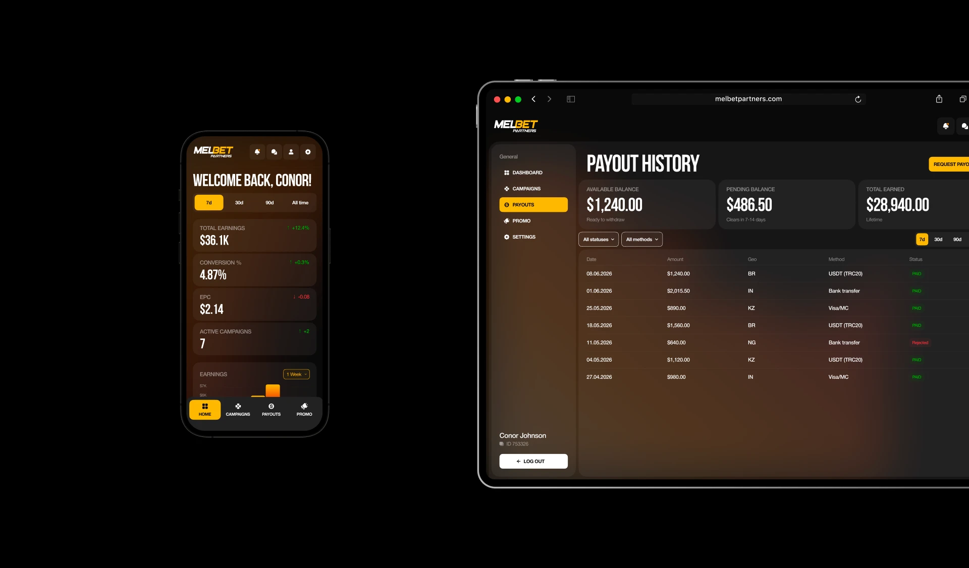 MelBet Partners — iGaming Affiliate Platform (Concept) — Изображение №3 — Интерфейсы, 3D на Dprofile