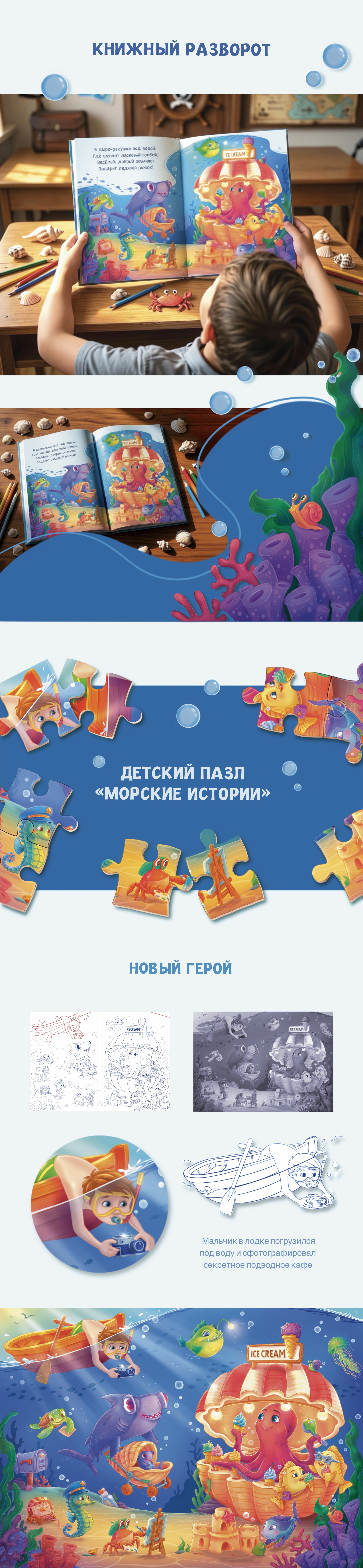 Подводное кафе осьминога-морская иллюстрация для книжного разворота,пазла и мерча — Изображение №3 — Брендинг, Иллюстрация на Dprofile