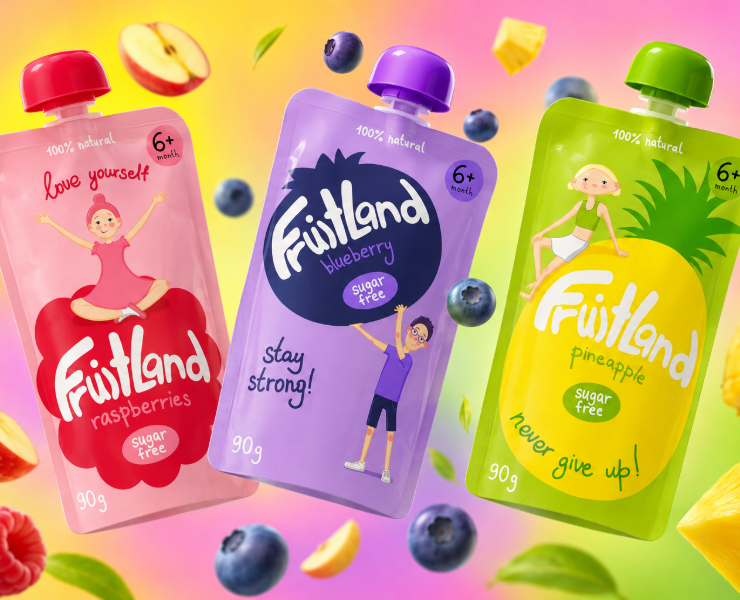 "FruitLand" дизайн упаковок детских фруктовых пюре — Иллюстрация, Брендинг на Dprofile