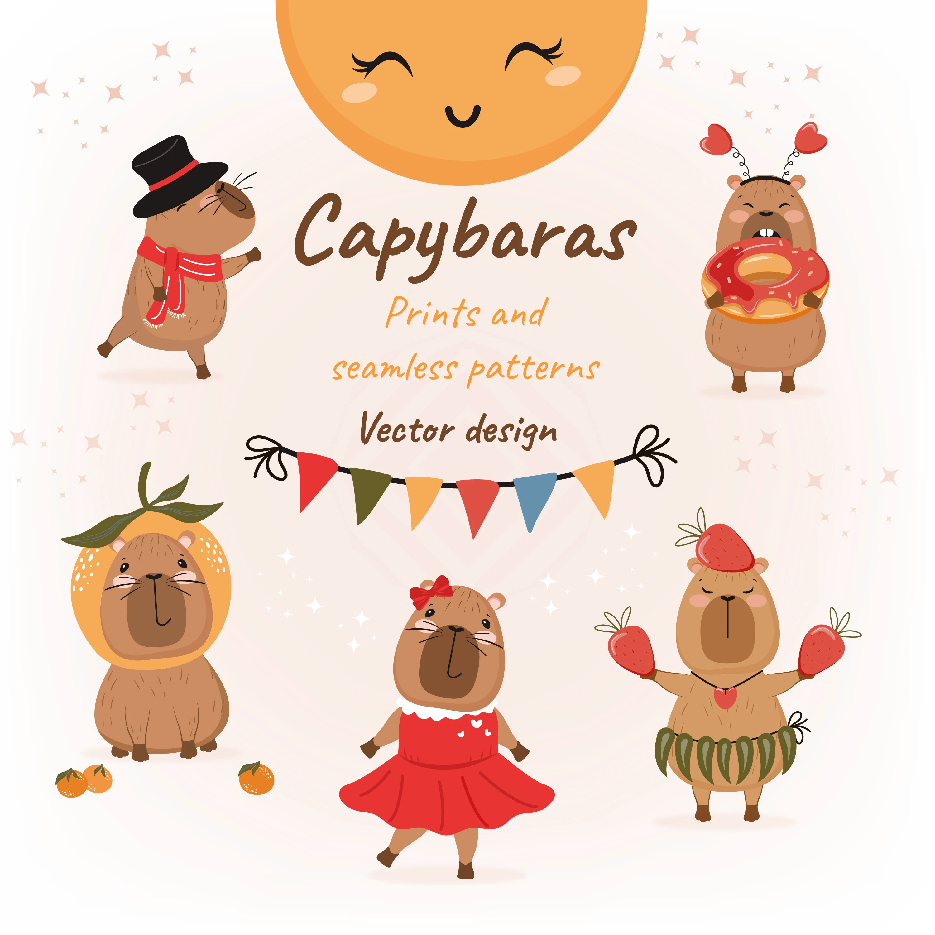 Капибары. Принты. Бесшовные паттерны. Векторный дизайн. — Изображение №1 — Иллюстрация, Графика на Dprofile