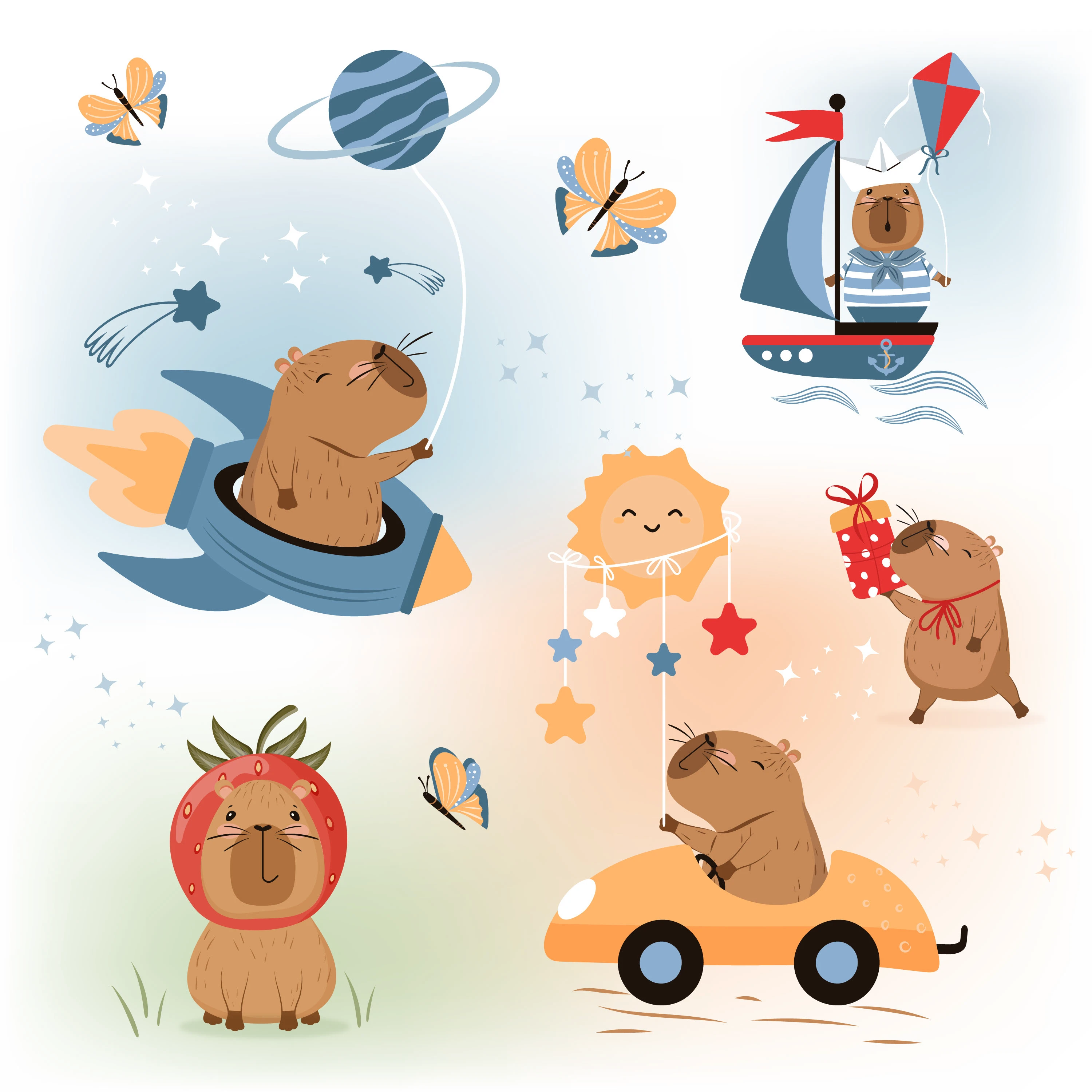 Капибары. Принты. Бесшовные паттерны. Векторный дизайн. — Изображение №2 — Иллюстрация, Графика на Dprofile