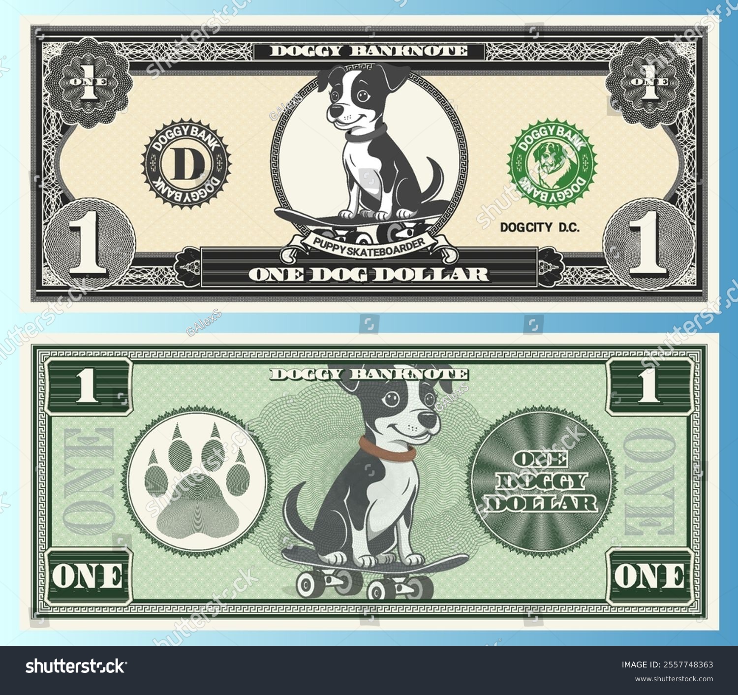 Векторный набор игровых мультяшный банкнот. Собачий доллар — Изображение №1 — Иллюстрация на Dprofile