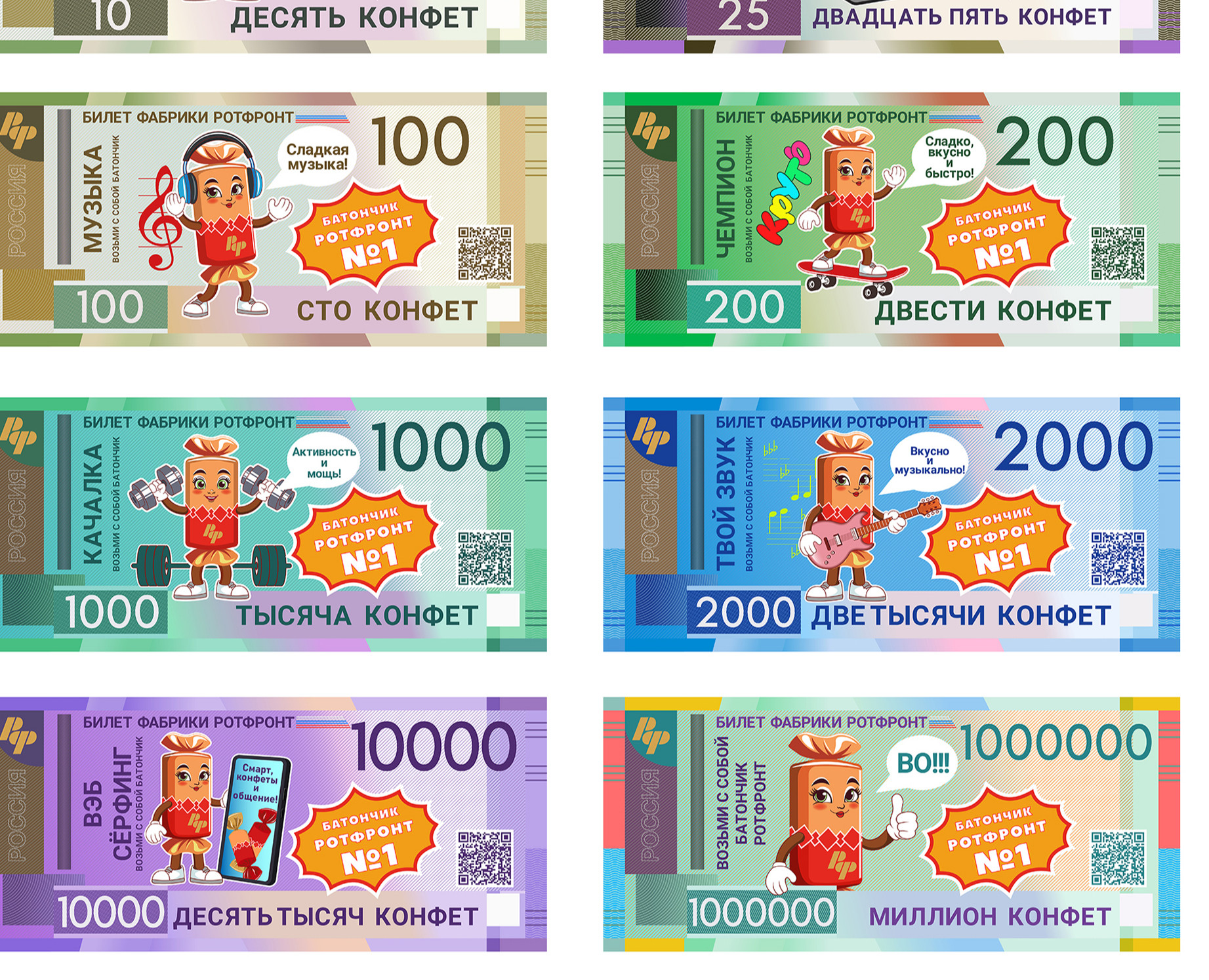 Талисман Конфетка батончик фабрики РотФронт на банкнотах — Брендинг, Иллюстрация на Dprofile