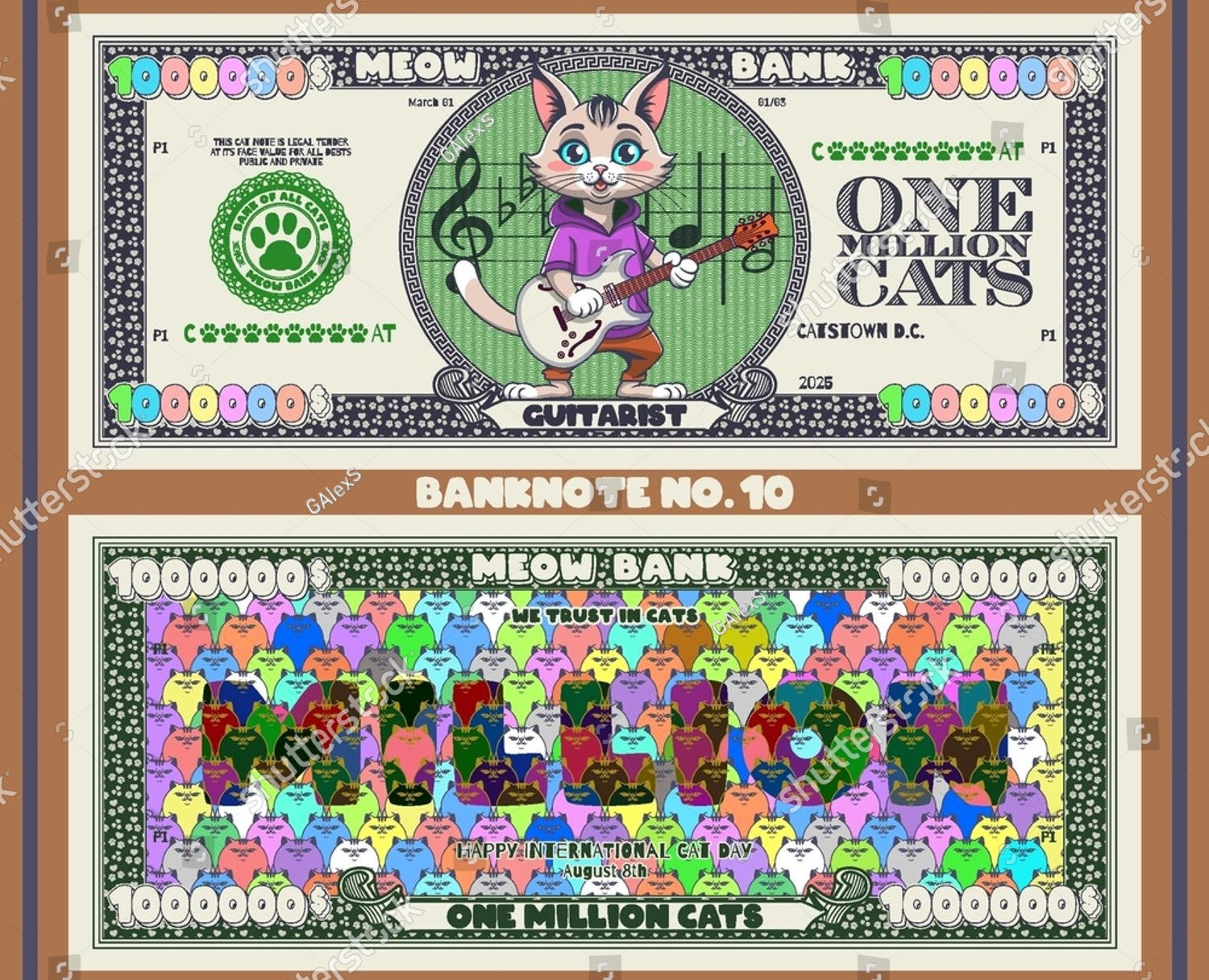 Векторный набор мультяшных игровых банкнот. Кошачьи доллары — Иллюстрация на Dprofile