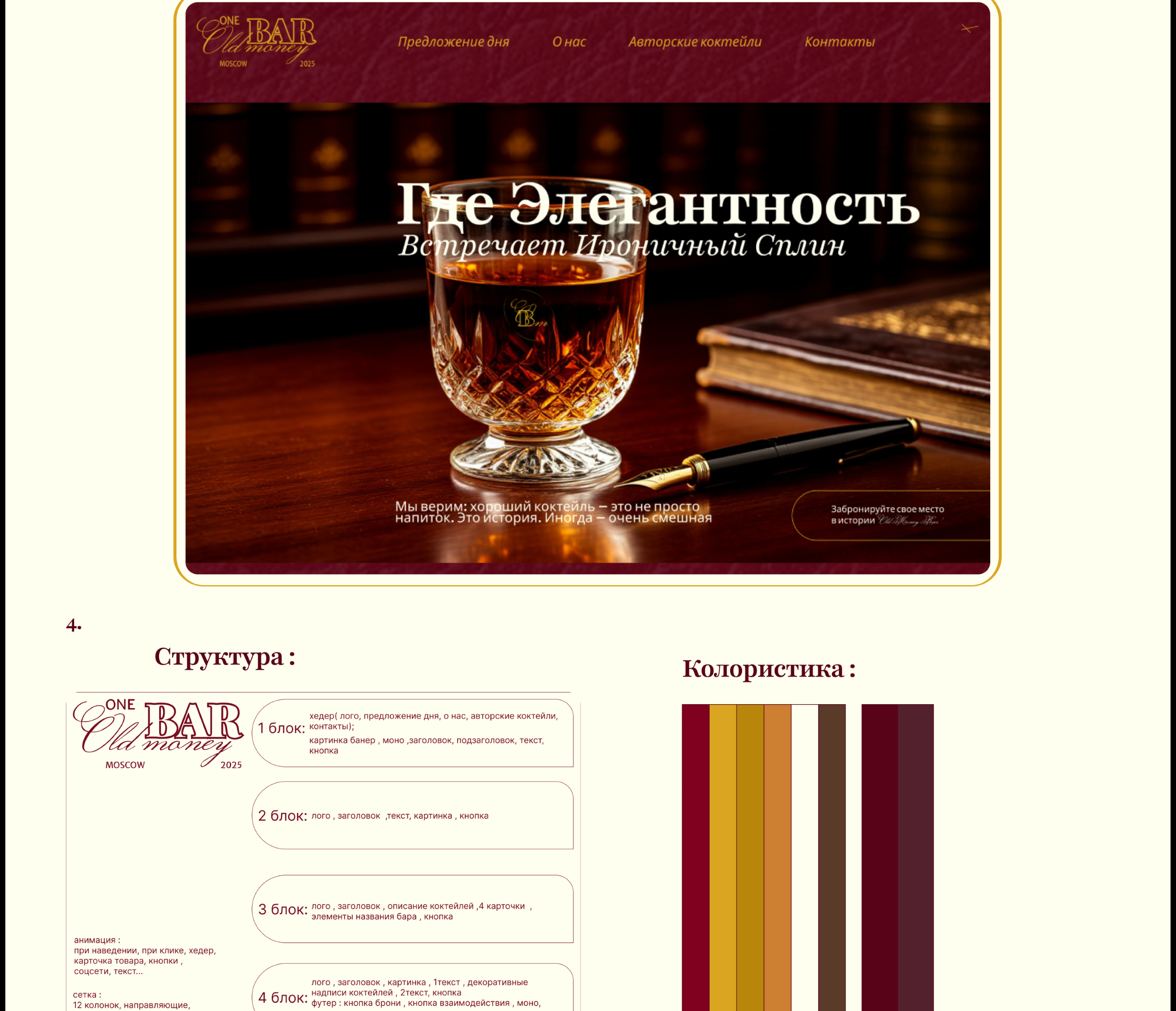 Лендинг: " Old money bar" — Изображение №4 — Интерфейсы, Брендинг на Dprofile