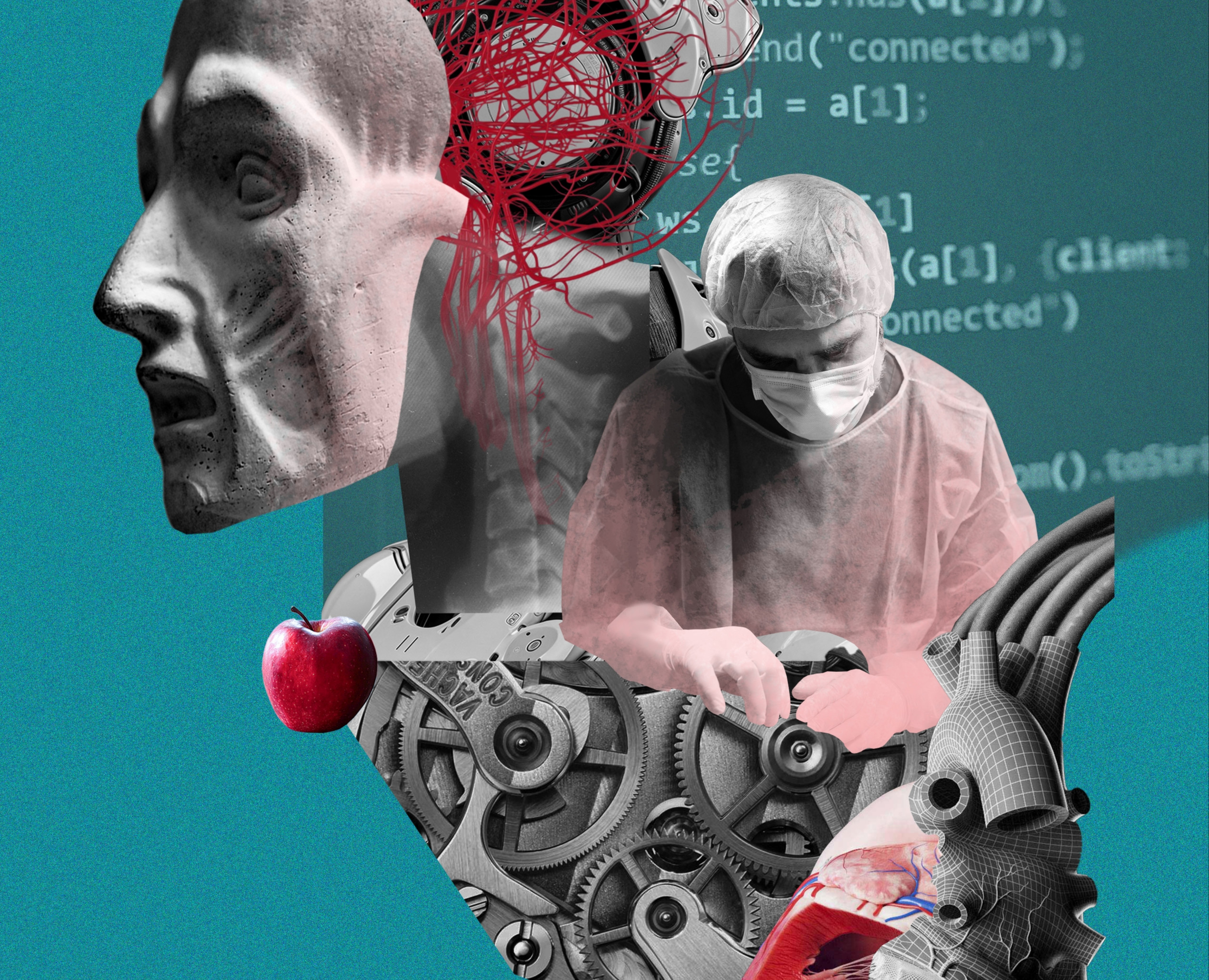 Коллажные иллюстрации к статье про роботов и ИИ на Dprofile