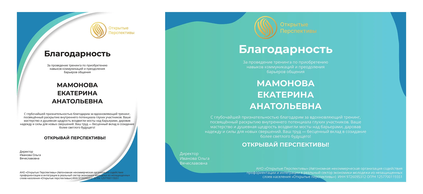 Шаблон благодарности для АНО «Открытые перспективы» — Изображение №1 — Графика на Dprofile