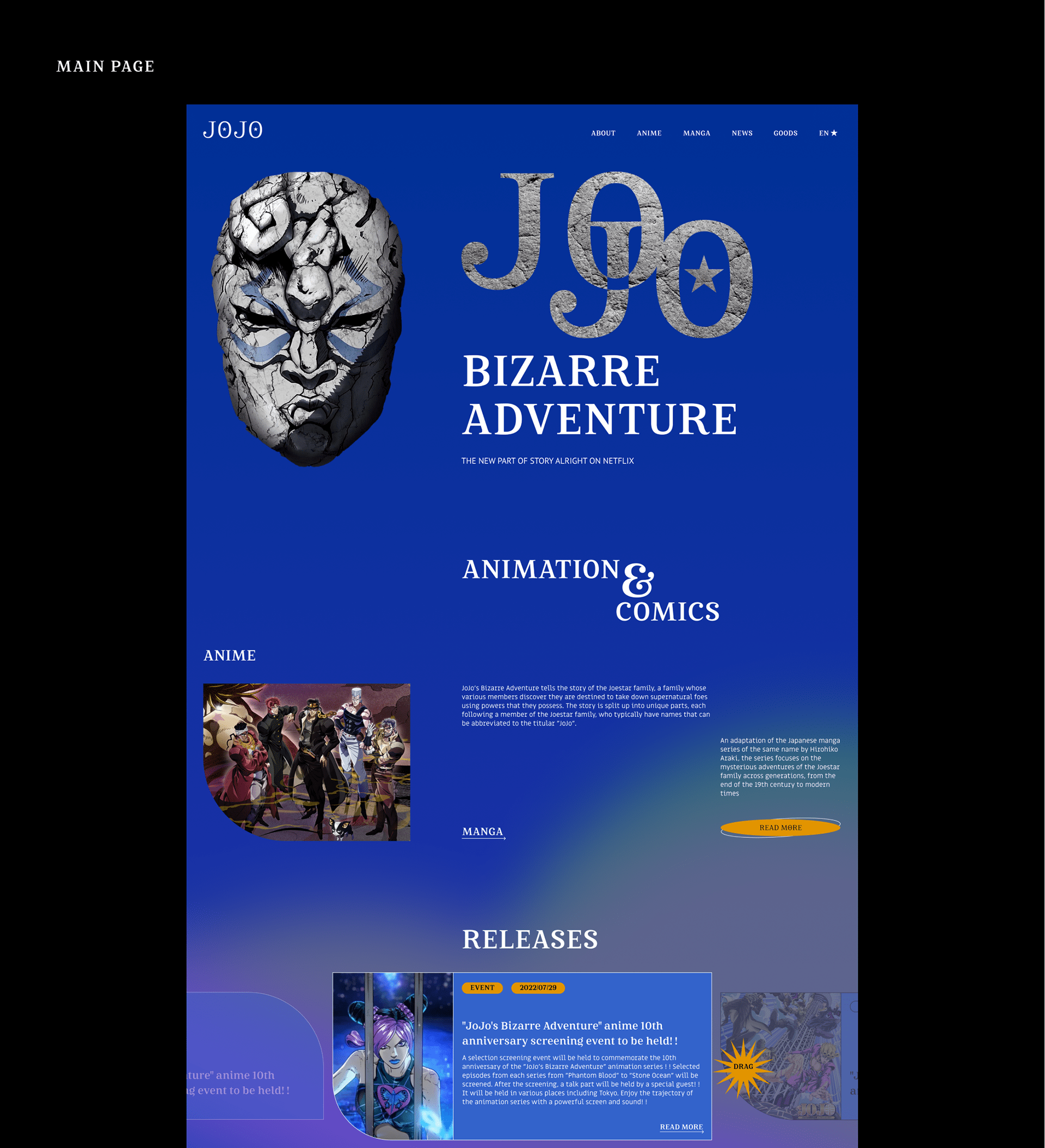 JoJo's Bizarre Adventure ★ website redesign ★ — Изображение №3 — Интерфейсы, Анимация на Dprofile