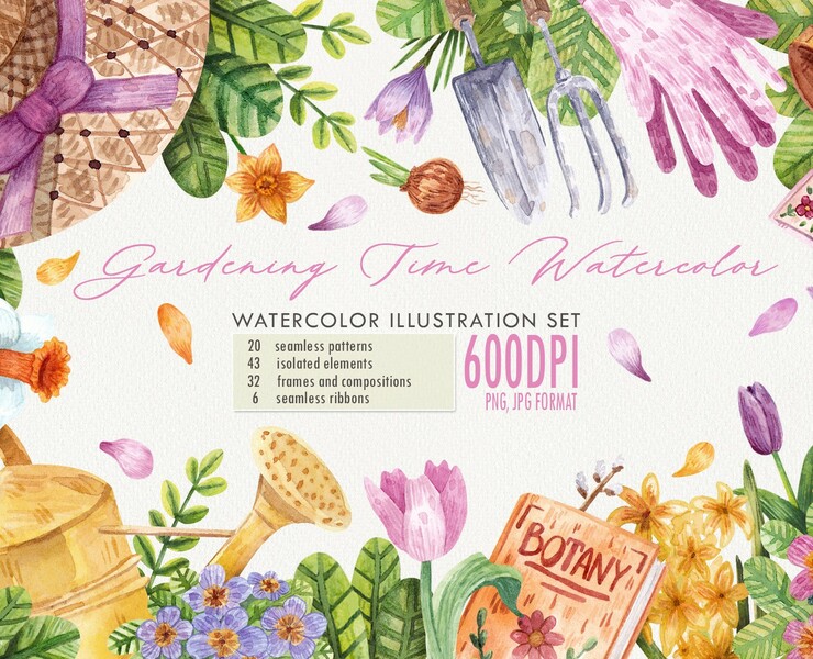 Gardening Time Watercolor — Иллюстрация на Dprofile