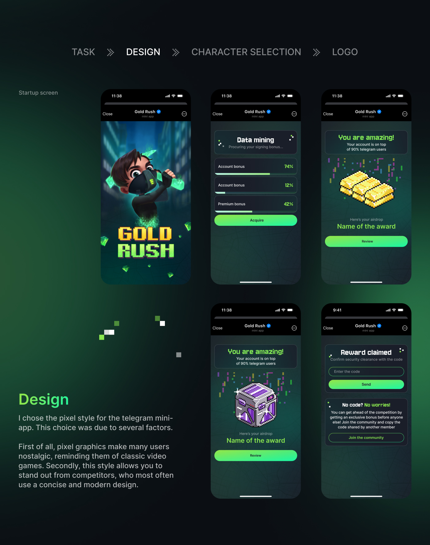 Telegram mini-app "Gold Rush" — Изображение №3 — Интерфейсы, Брендинг на Dprofile
