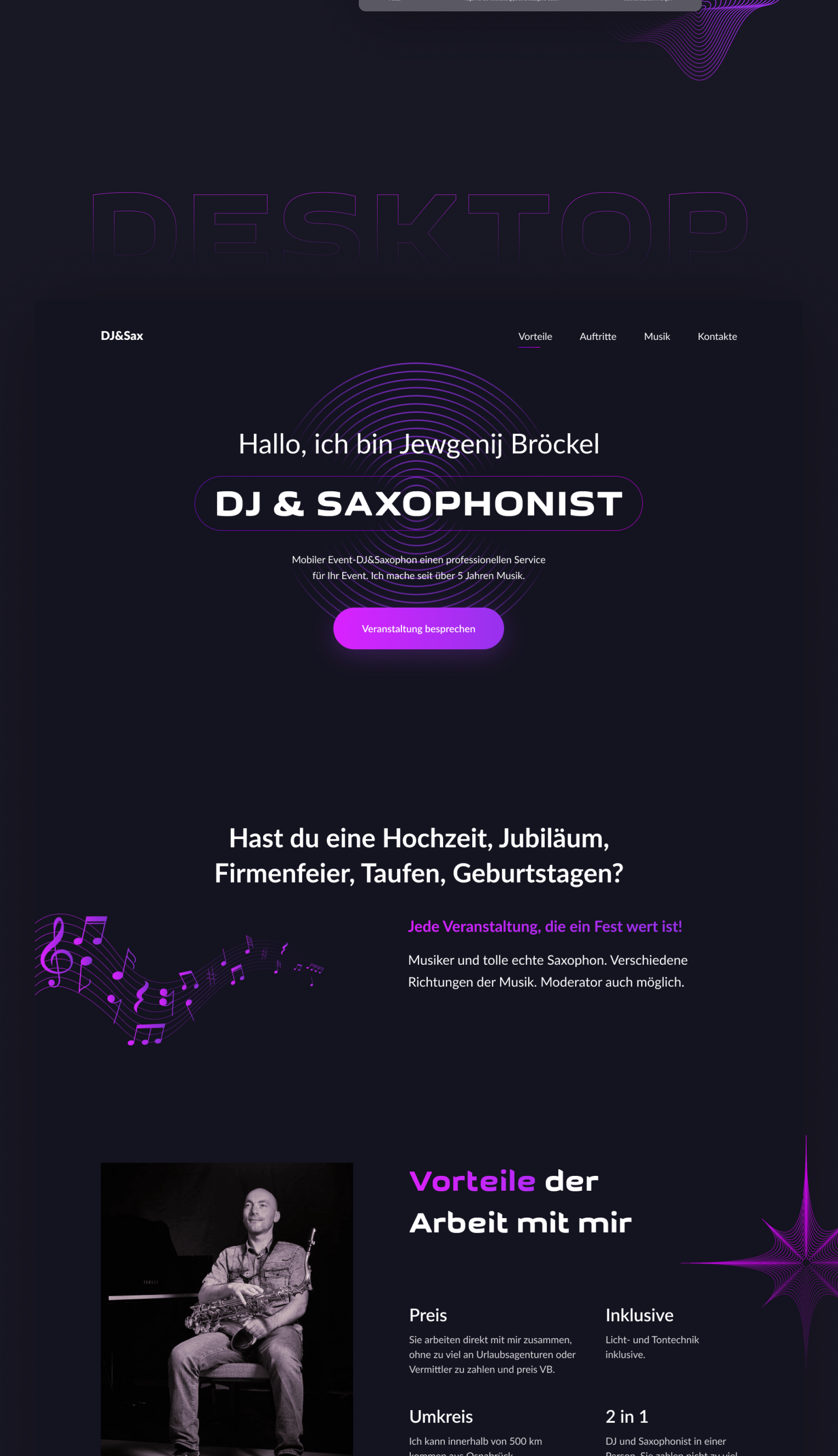 Landing page for DJ & Saxophonist | Website — Изображение №2 — Интерфейсы на Dprofile