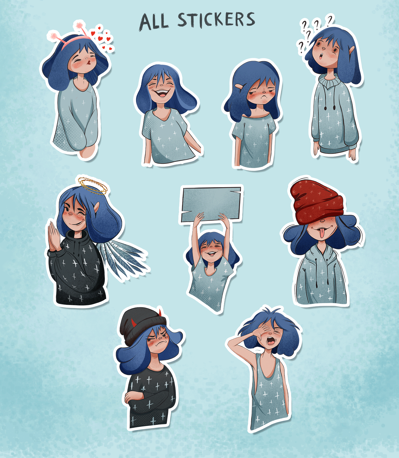 Blue Hair Girl. Stickers for Telegram. Illustration — Изображение №4 — Иллюстрация на Dprofile