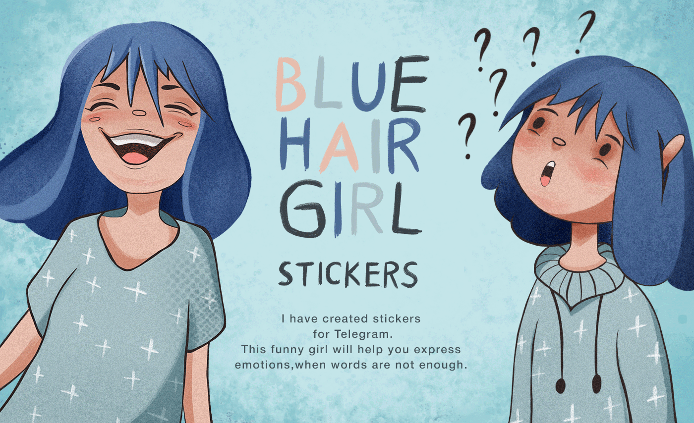 Blue Hair Girl. Stickers for Telegram. Illustration — Изображение №1 — Иллюстрация на Dprofile