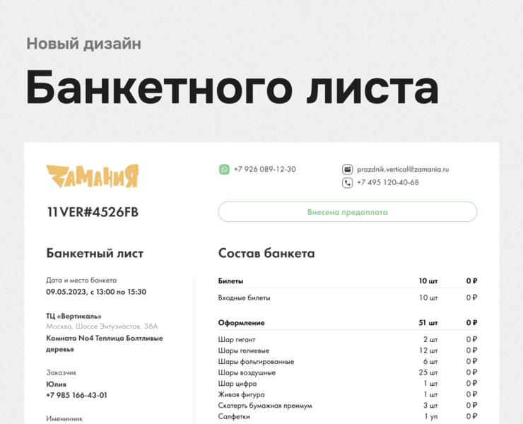 Электронный банкетный лист — Интерфейсы на Dprofile
