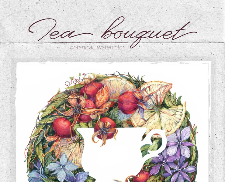 Botanical watercolor/ Tea bouquet — Иллюстрация, Графика на Dprofile