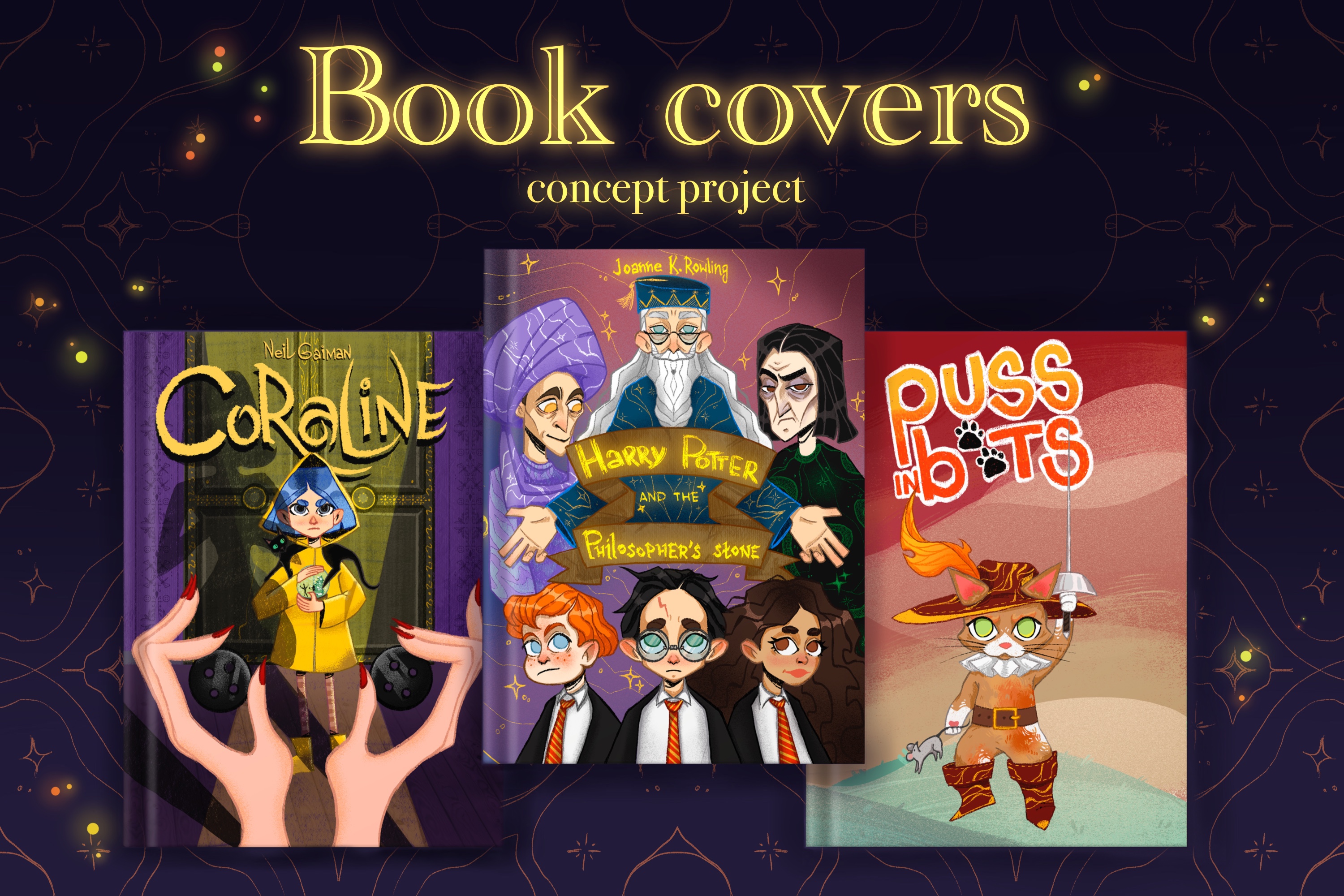 Book cover illustration (Harry Potter,Coraline,Puss) — Изображение №1 — Иллюстрация на Dprofile