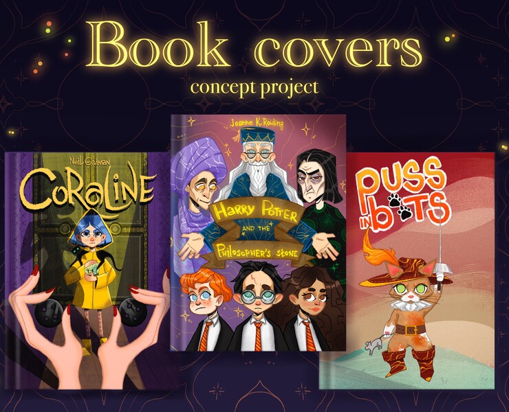 Book cover illustration (Harry Potter,Coraline,Puss) — Иллюстрация на Dprofile
