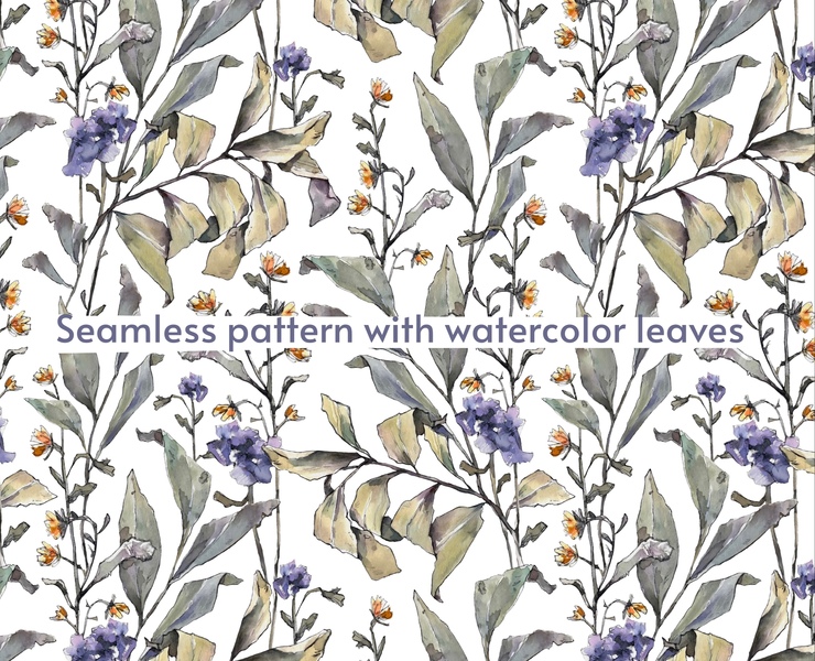 Seamless pattern with watercolor flowers and leaves — Иллюстрация на Dprofile