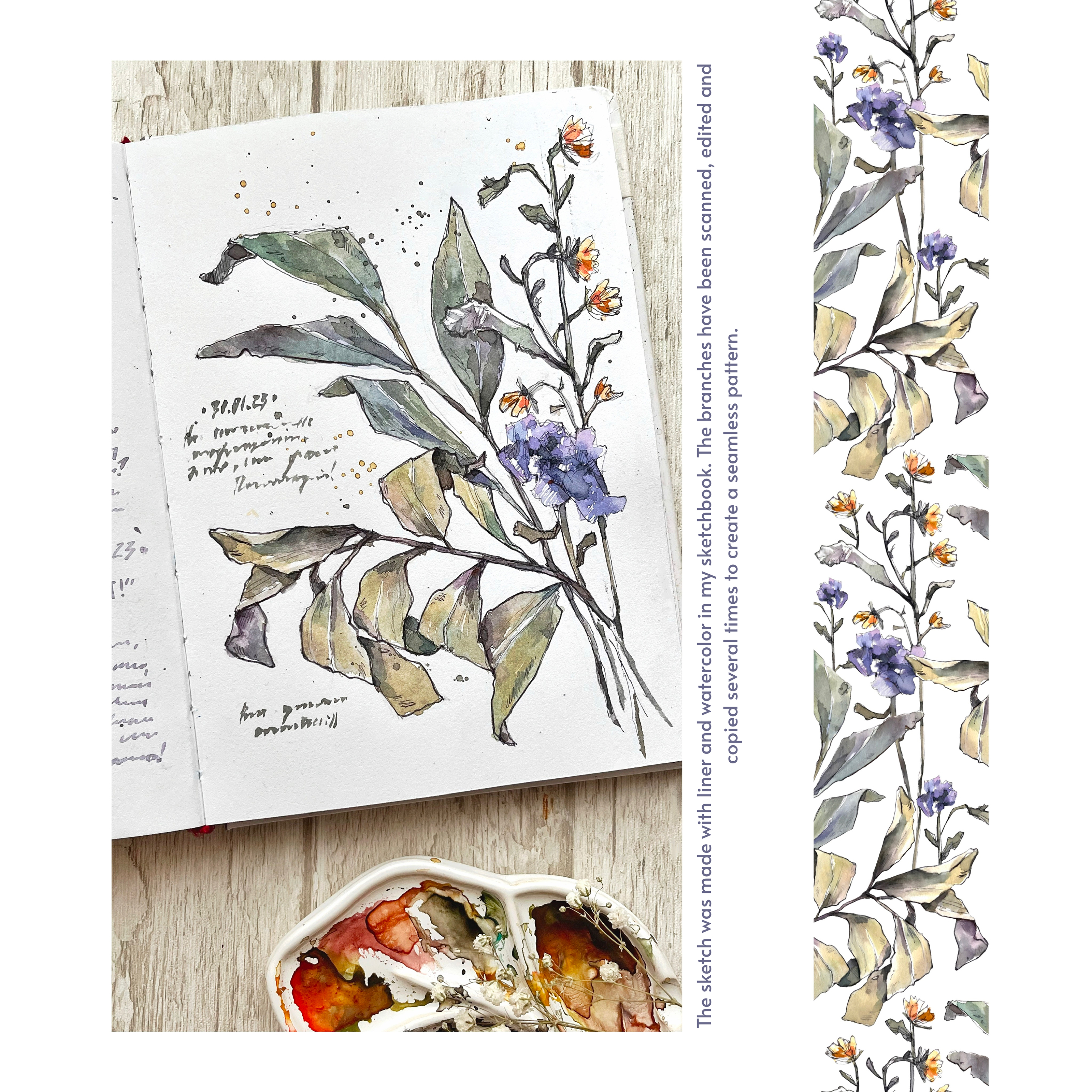 Seamless pattern with watercolor flowers and leaves — Изображение №1 — Иллюстрация на Dprofile