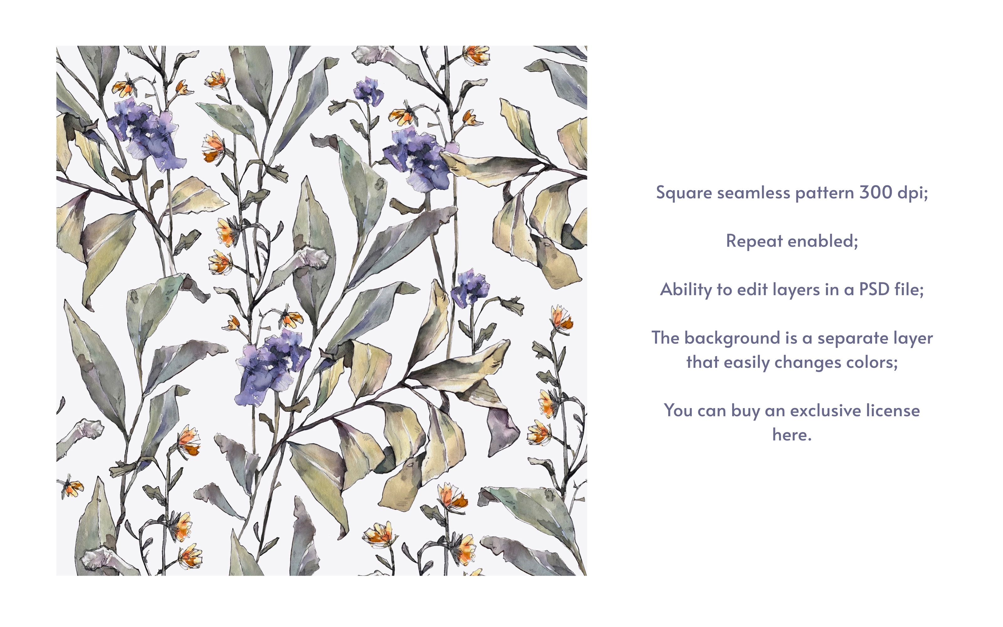 Seamless pattern with watercolor flowers and leaves — Изображение №8 — Иллюстрация на Dprofile