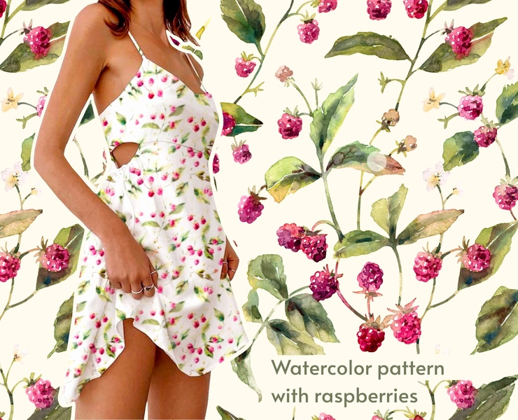 Hand drawn watercolor pattern with raspberries — Иллюстрация на Dprofile