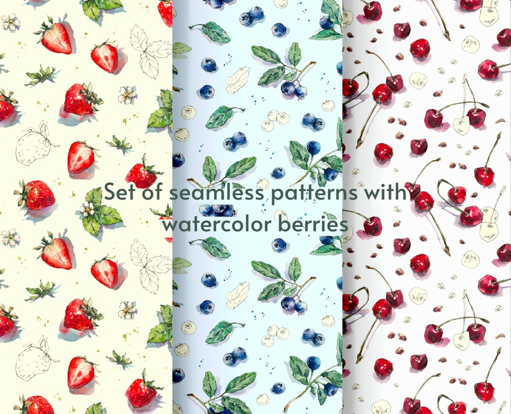 Set of seamless patterns with watercolor berries — Иллюстрация на Dprofile