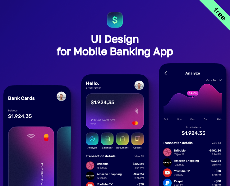 UI Mobile Banking App (Free) — Интерфейсы, Графика на Dprofile