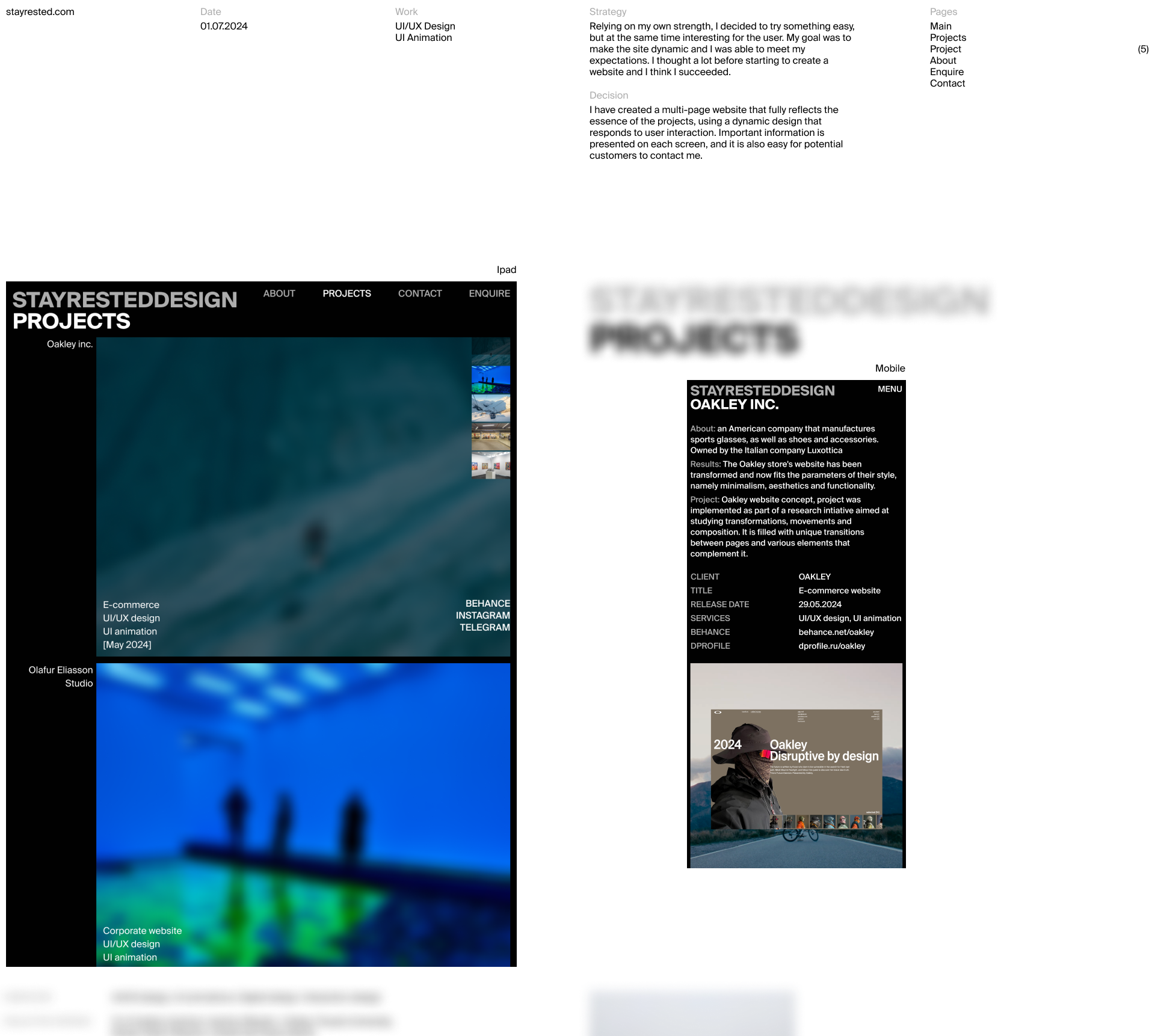 STAYRESTEDDESIGN | Portfolio website — Изображение №1 — Интерфейсы, Анимация на Dprofile