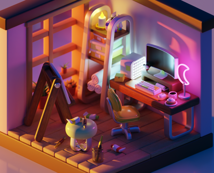 Сozy artist's Isometric room — Иллюстрация, 3D на Dprofile